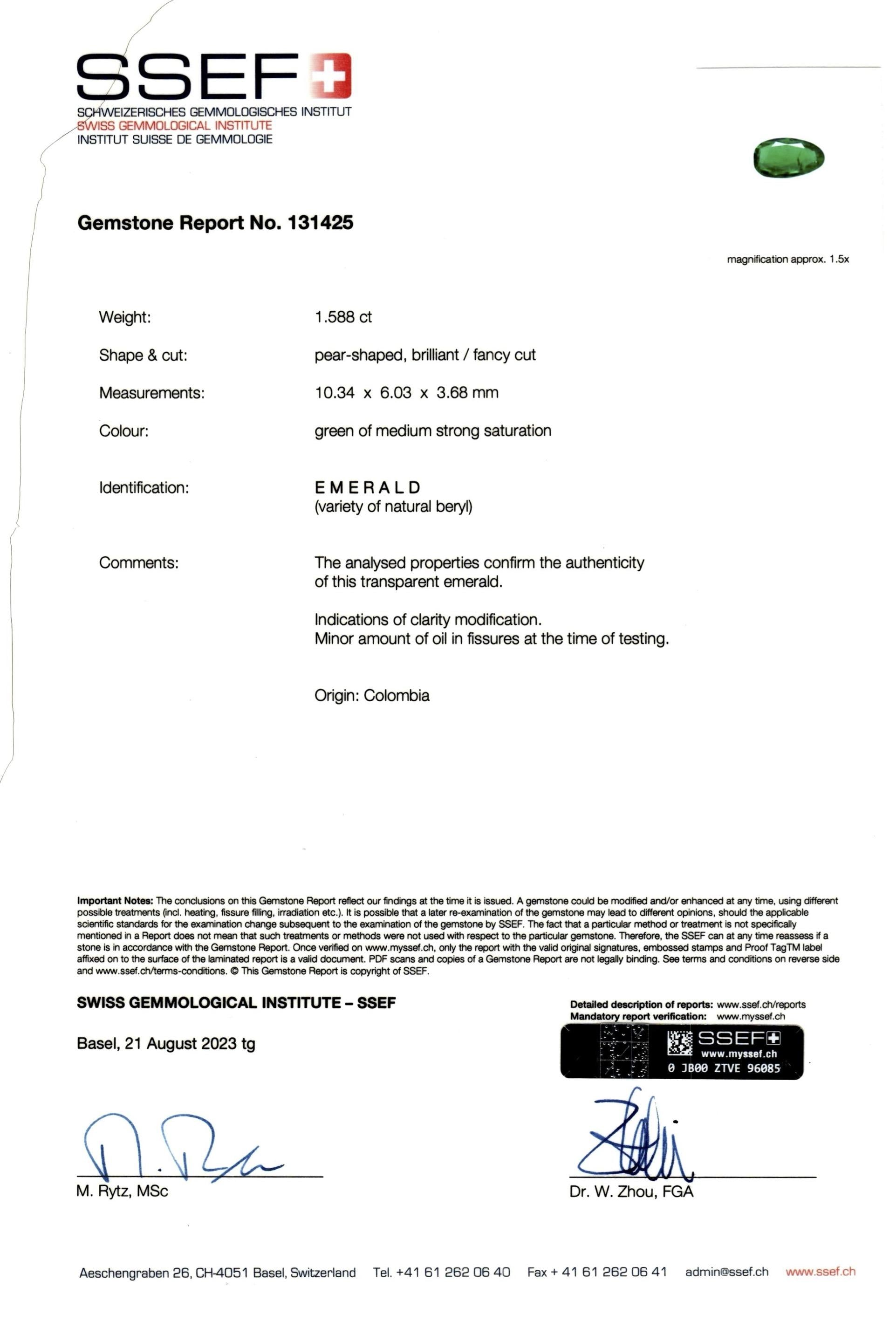 Yellow Gold Emerald and Diamond Pendant | SSEF Certified