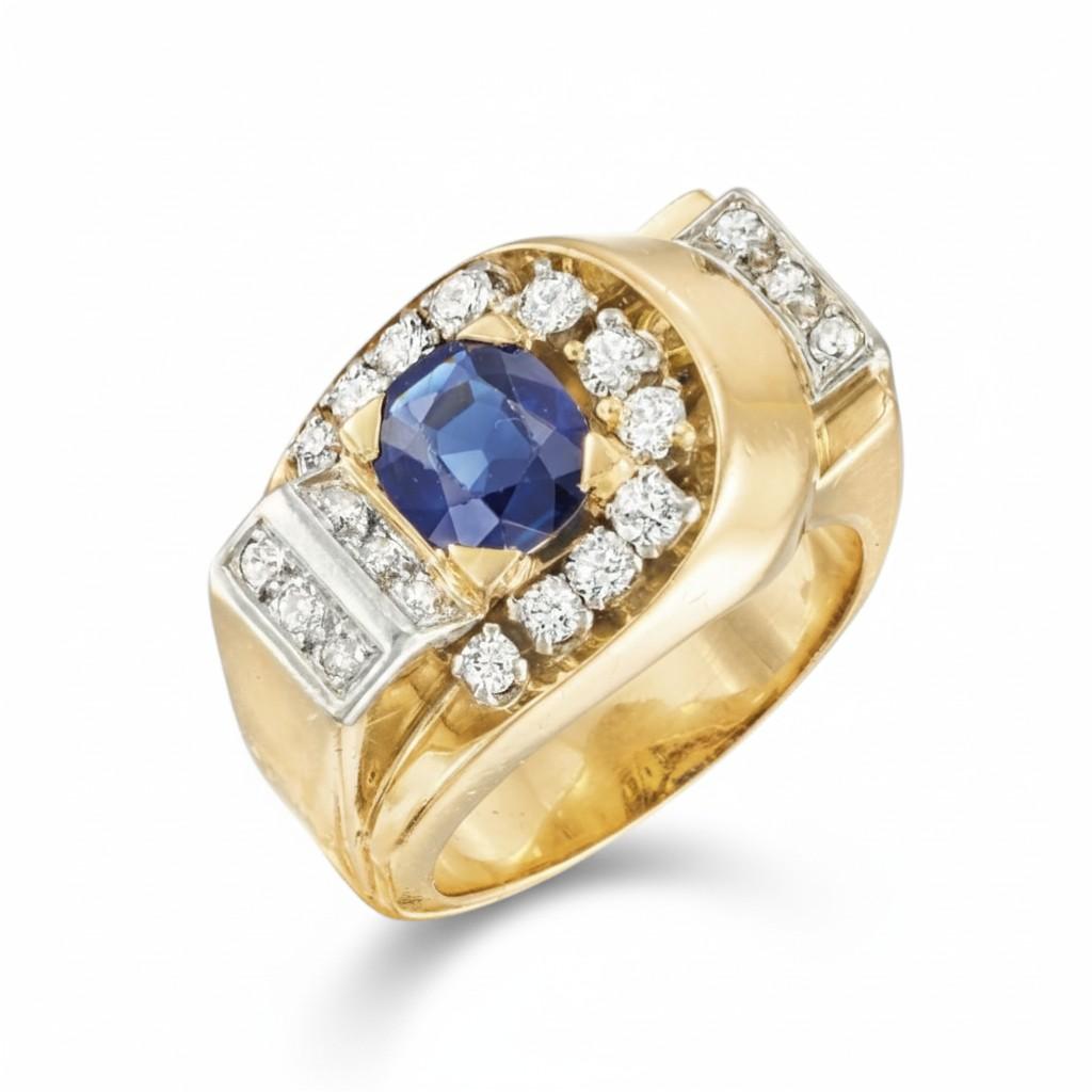 18K Yellow Gold & Platinum French 1950s Sapphire Diamond Ring - 17.70GRAM -D0