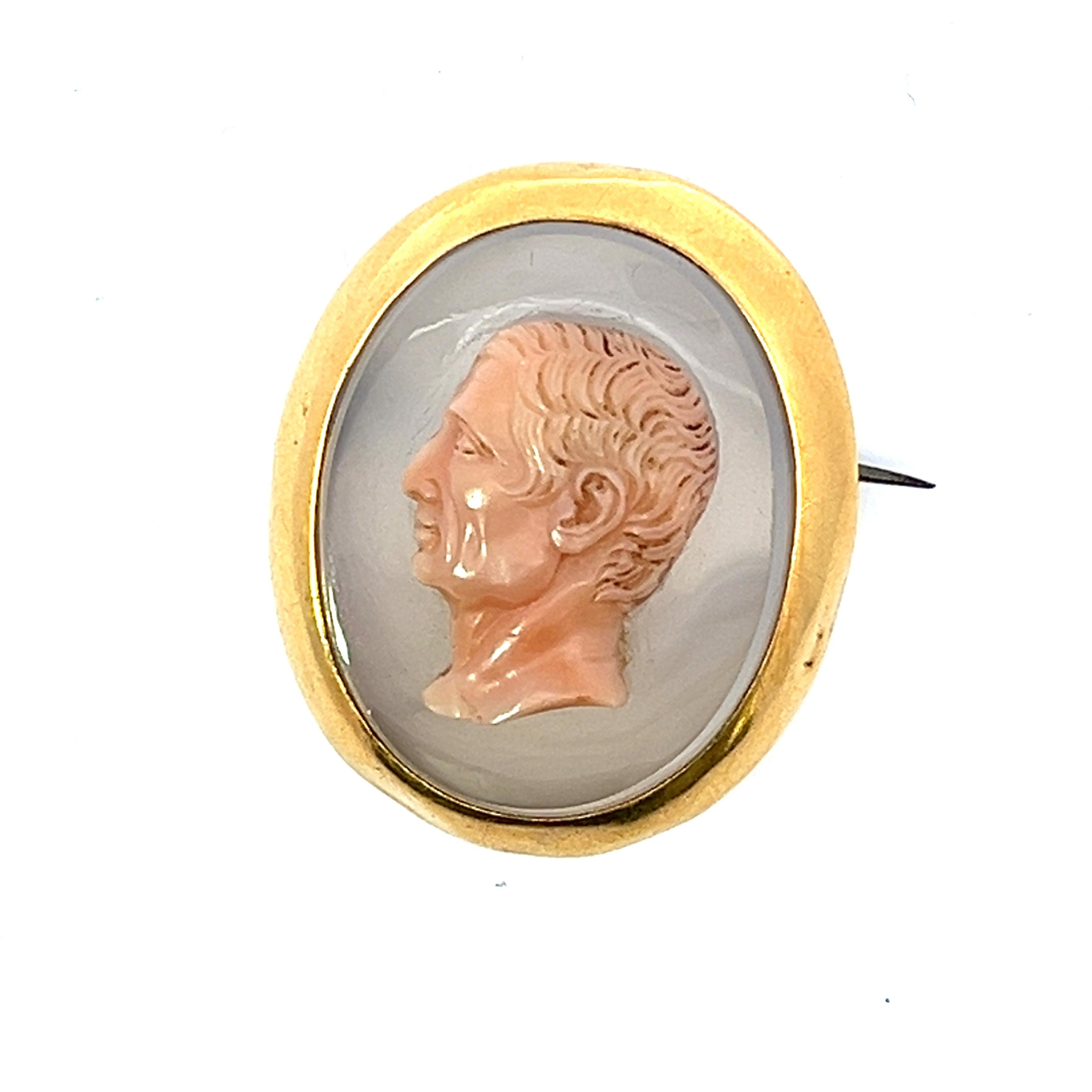 18k Yellow Gold French Victorian Agate Cameo Brooch