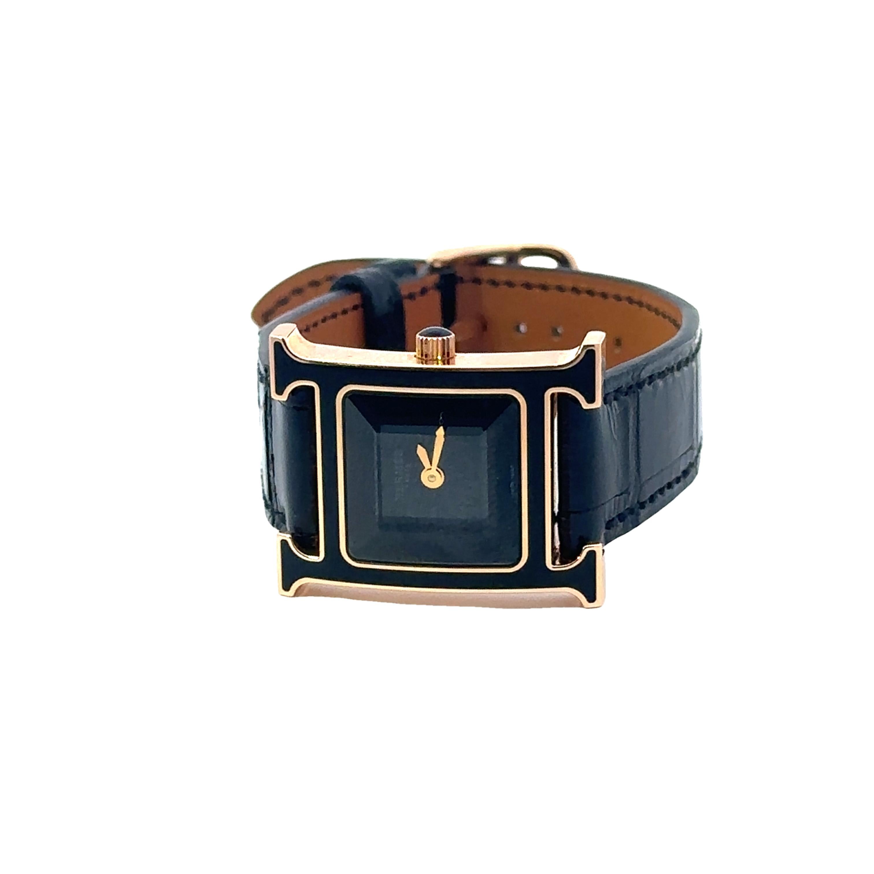 18k Yellow Gold Hermes 1990s Gold 7 Black Enamel Watch Heure H - 37.50GRAM