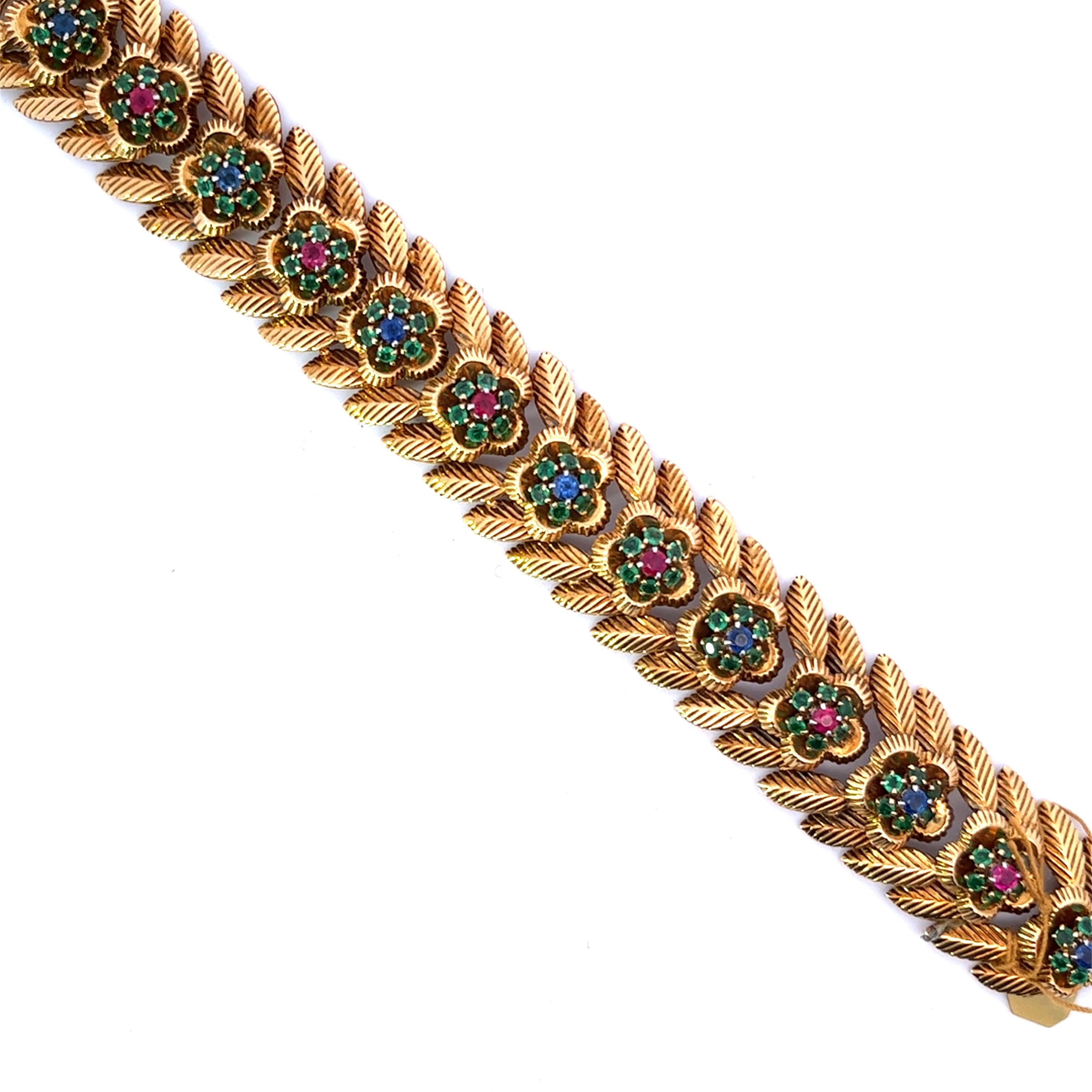 Emerald, Ruby and Sapphire 18k Yellow Gold Floral Bracelet, France 1960's
