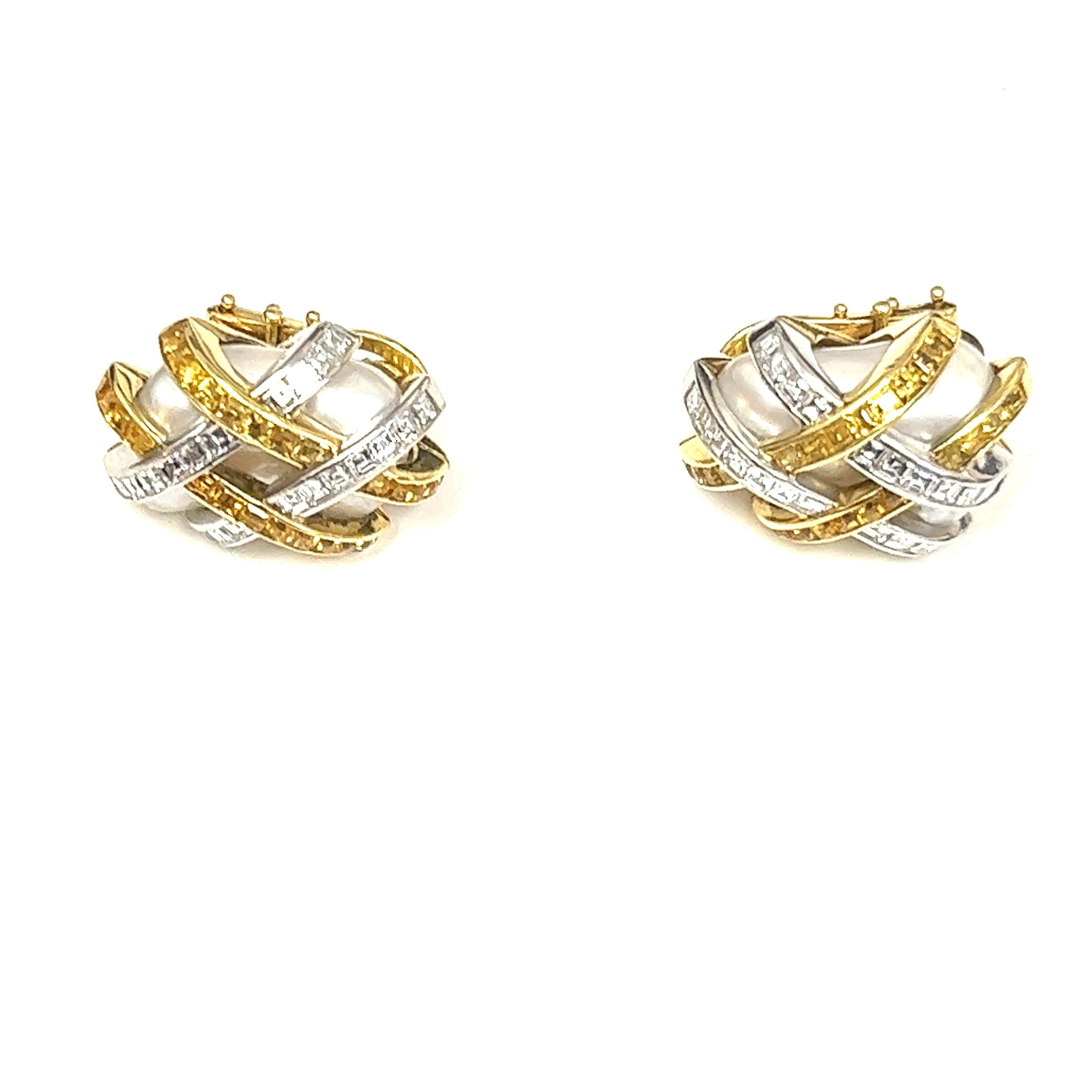 Platinum, Gold, Diamond, Yellow Sapphire, and Pearl Earrings