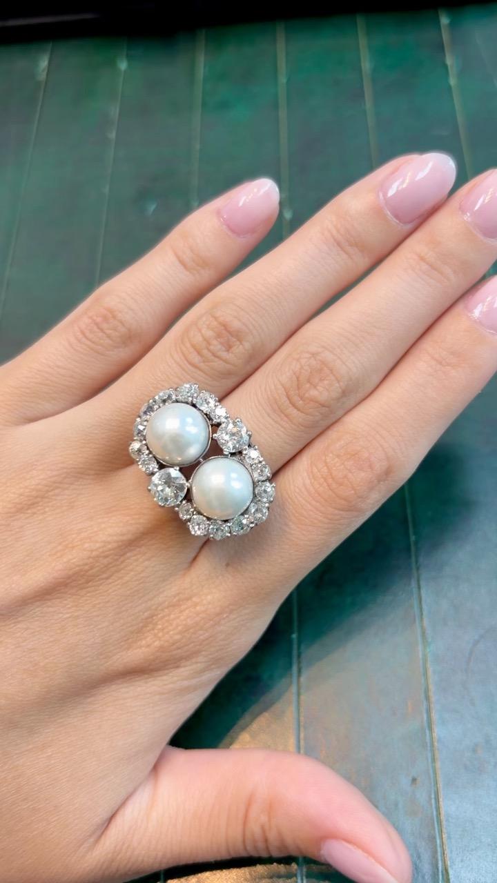 18K White Gold Retro Diamond Pearl Ring