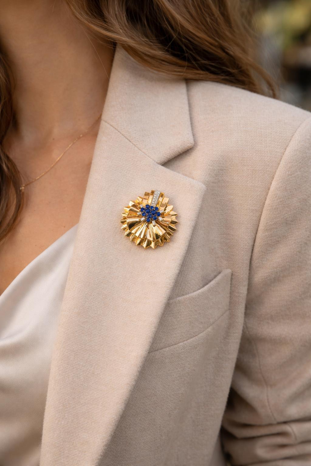 A pair of rose gold diamond and sapphire Retro brooches