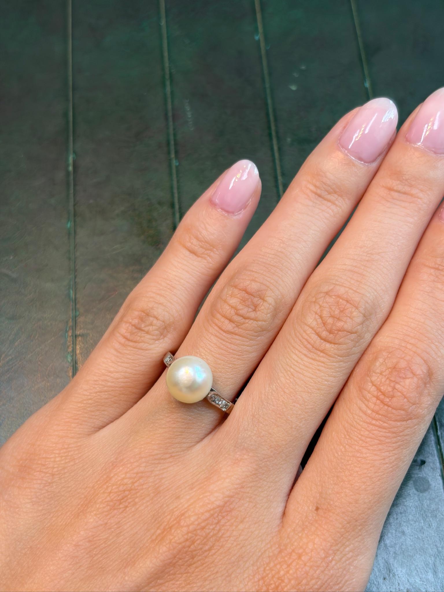 1910 French Platinum Ring with Natural Saltwater Pearl and Diamonds