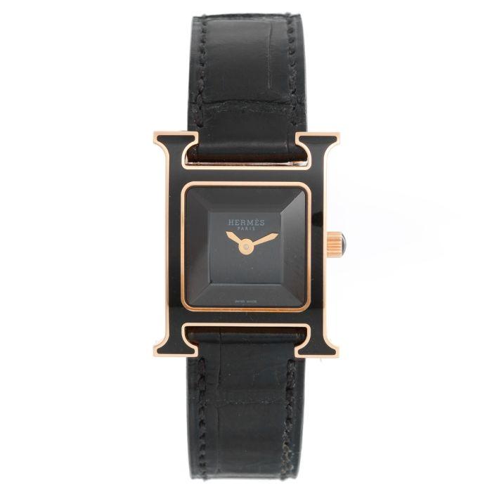 18k Yellow Gold Hermes 1990s Gold 7 Black Enamel Watch Heure H - 37.50GRAM
