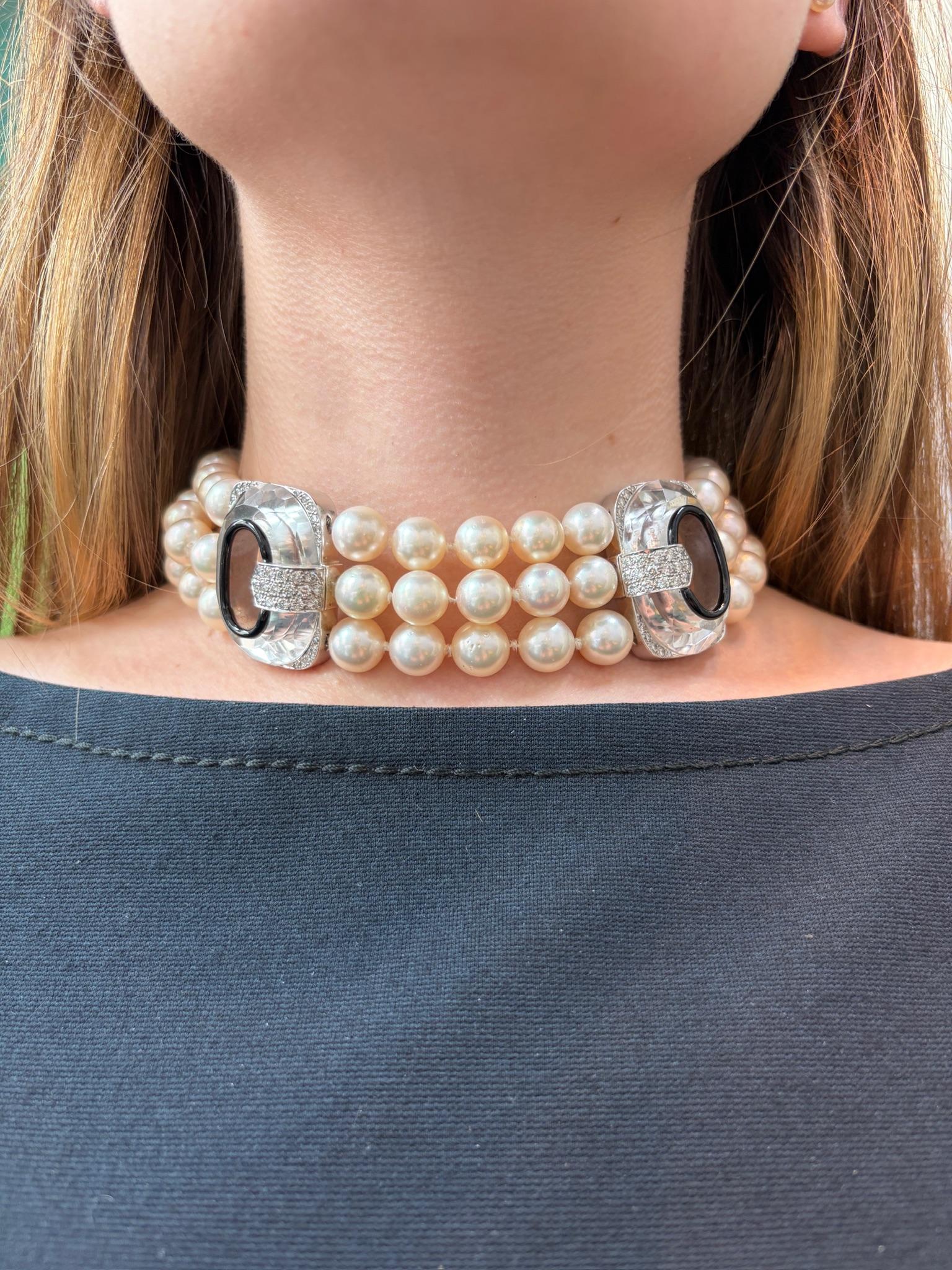 David Webb Pearl, Diamond, Onyx & Rock Crystal Necklace