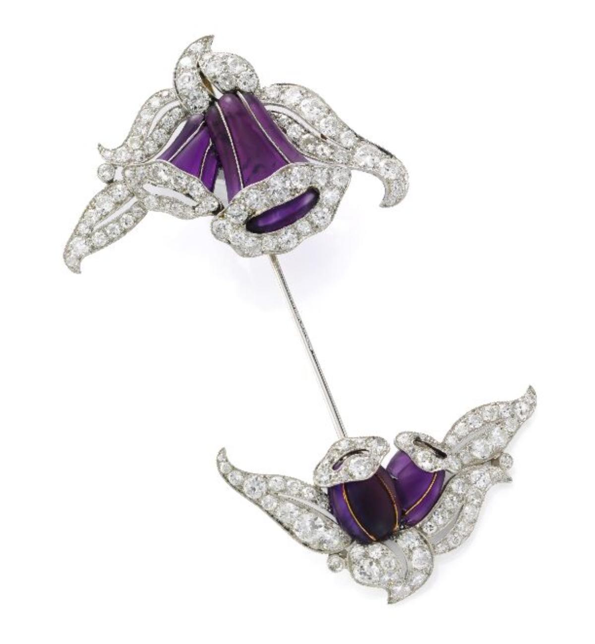 Platinum Art Deco French amethyst and diamond jabot pin