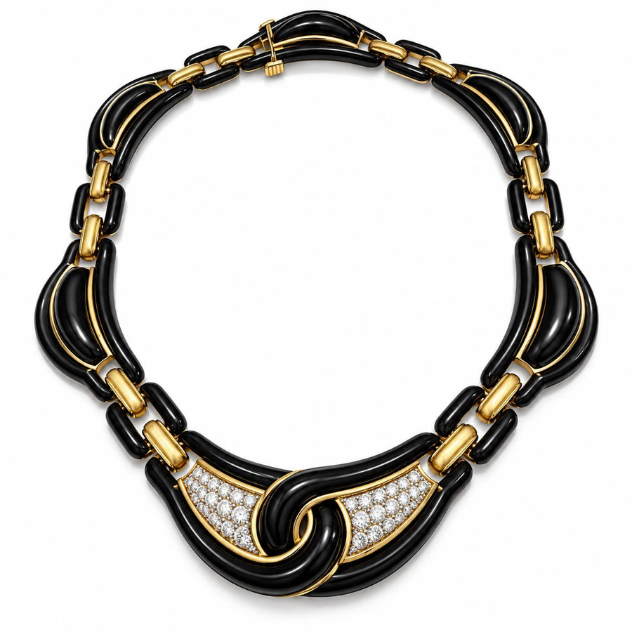 David Webb Diamond and Black Enamel Link Necklace in 18K Yellow Gold, 1980s