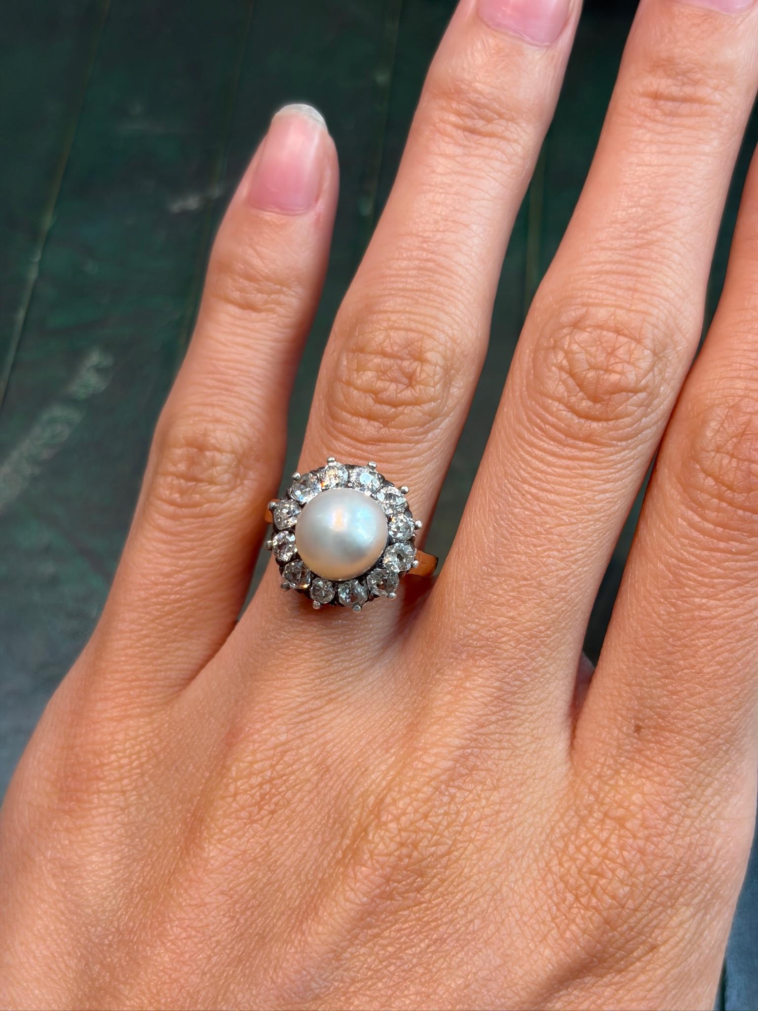 18K Gold Victorian Natural Pearl Diamond Ring