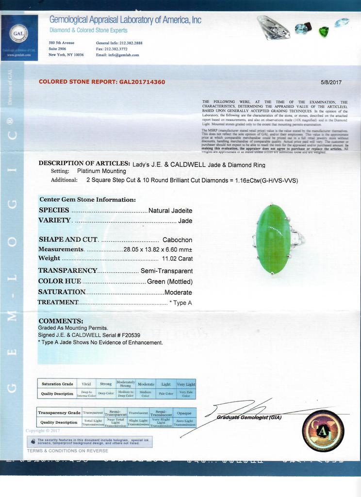 J.E. Caldwell Art Deco Jade And Diamond Ring, circa 1925 Serial No. F20539