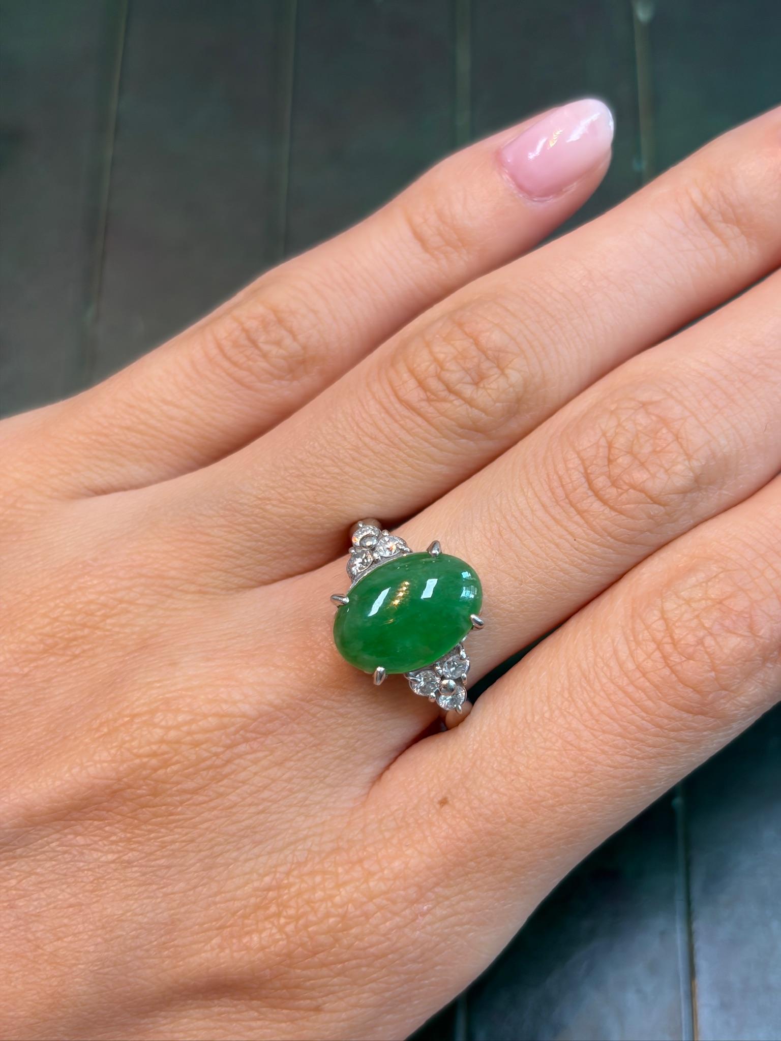 1960s Platinum Cabochon Jade and Diamond Ring