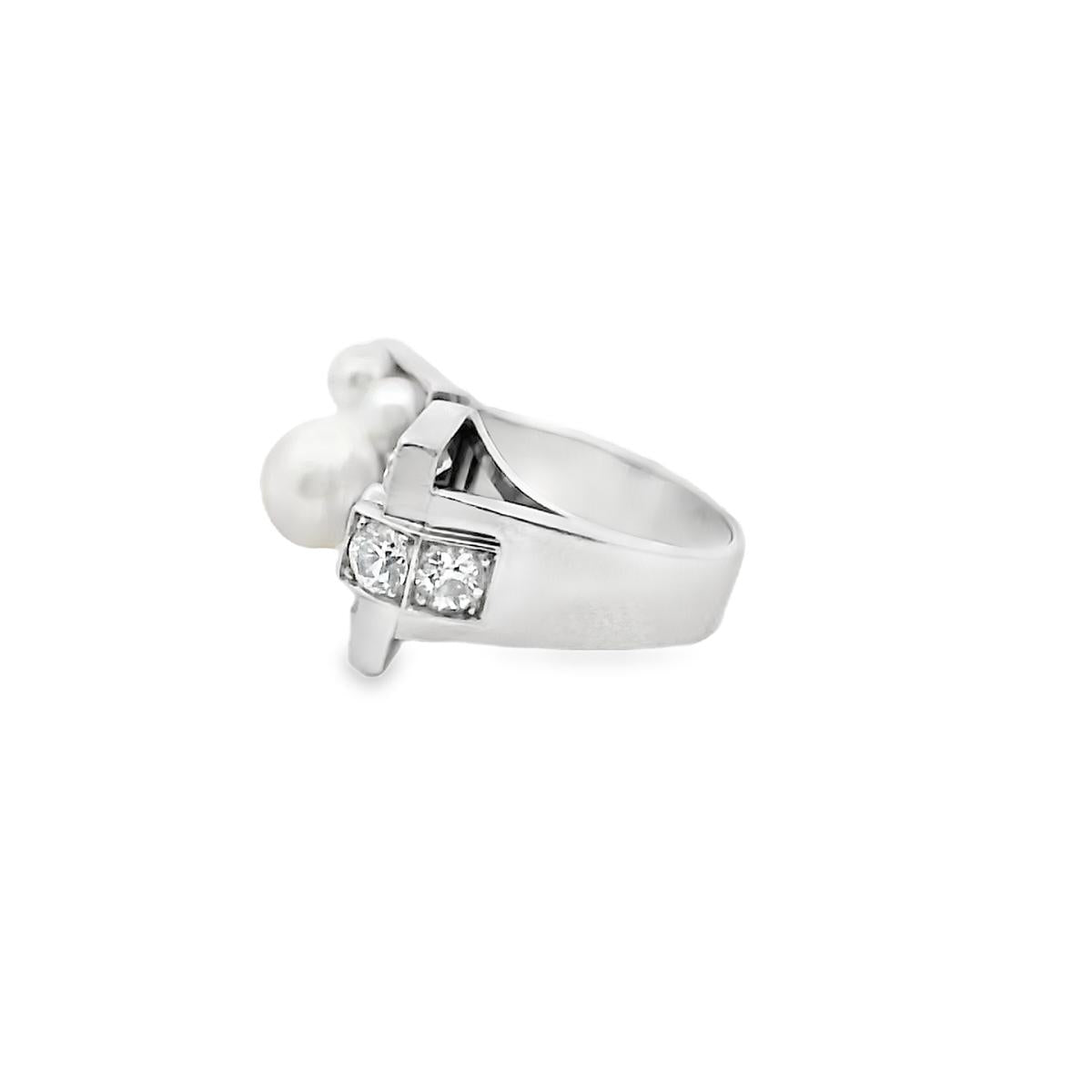 Art Deco French Platinum Diamond & Natural Pearls Ring