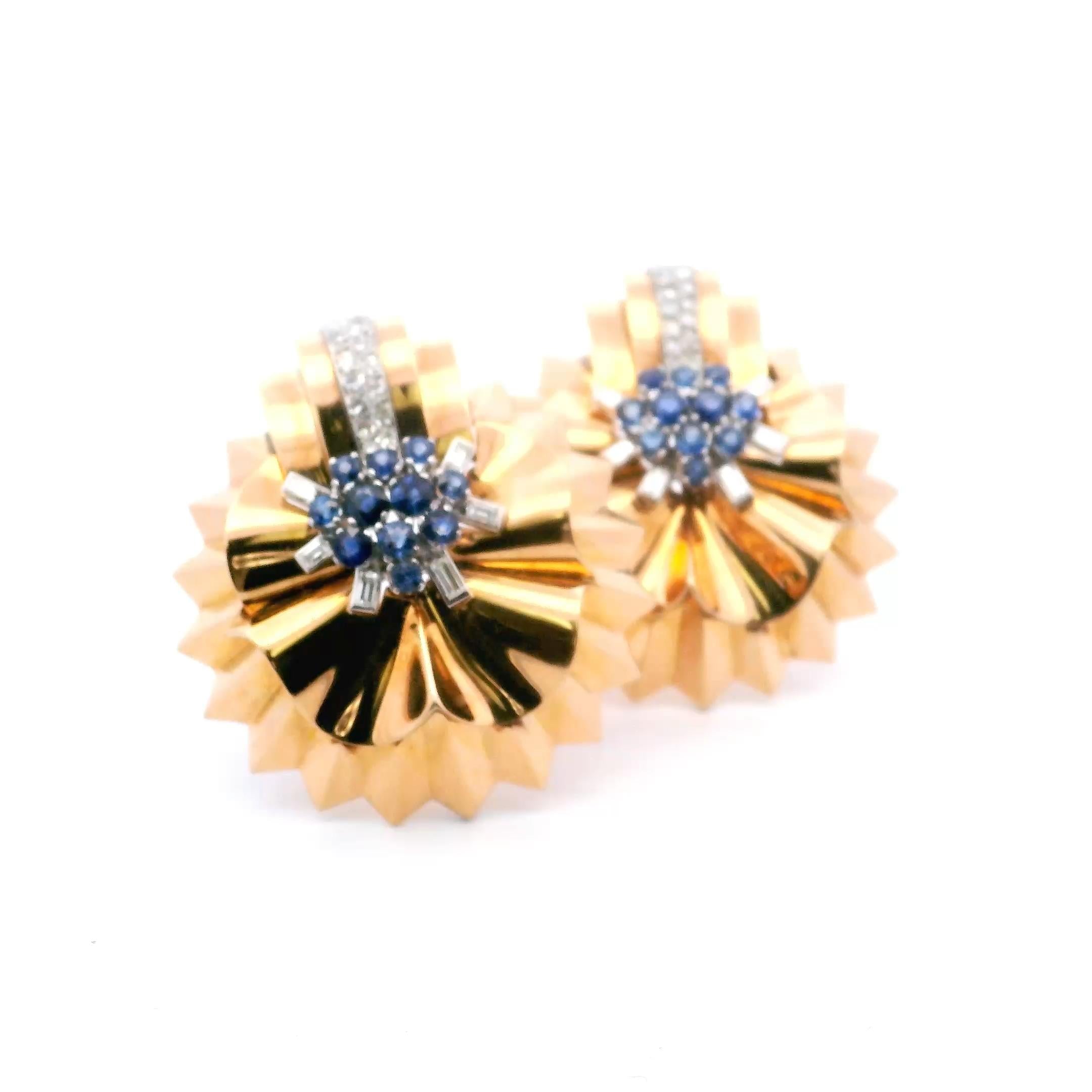 A pair of rose gold diamond and sapphire Retro brooches