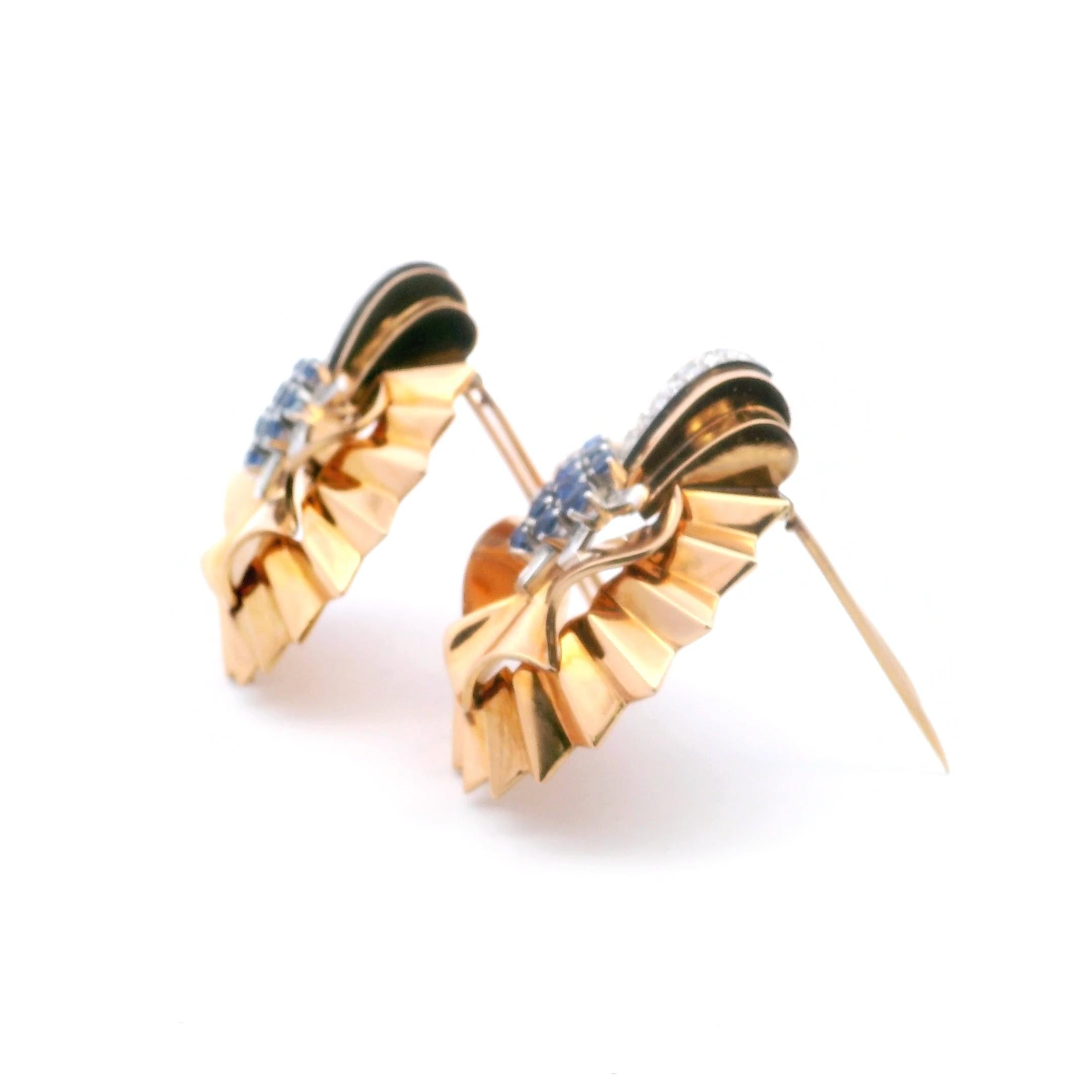A pair of rose gold diamond and sapphire Retro brooches