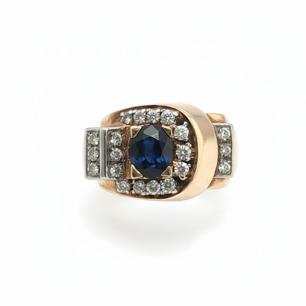 18K Yellow Gold & Platinum French 1950s Sapphire Diamond Ring - 17.70GRAM -D0