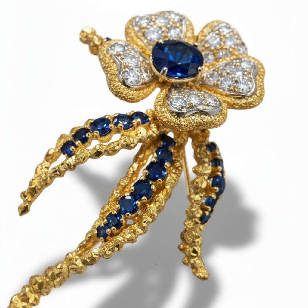 18K Sapphire Diamond Flower French Brooch 1970
