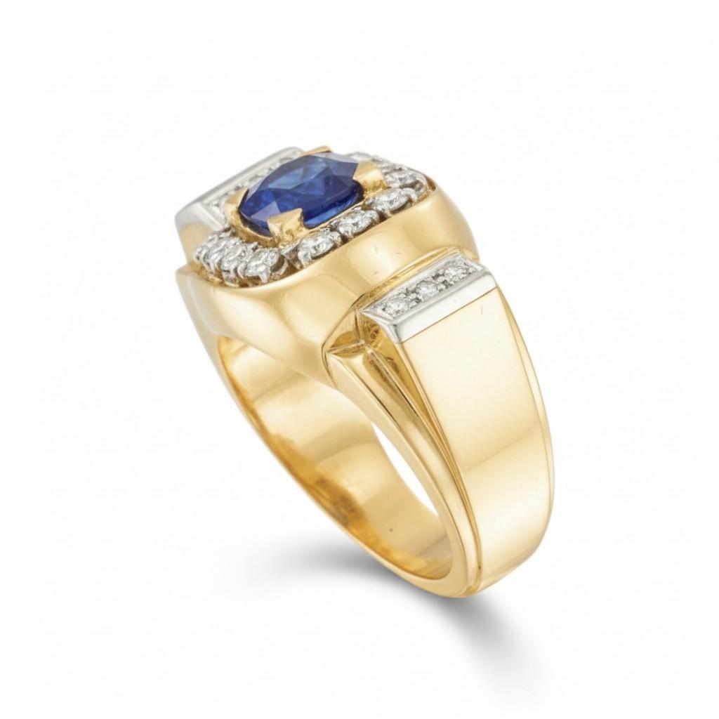 18K Yellow Gold & Platinum French 1950s Sapphire Diamond Ring - 17.70GRAM -D0