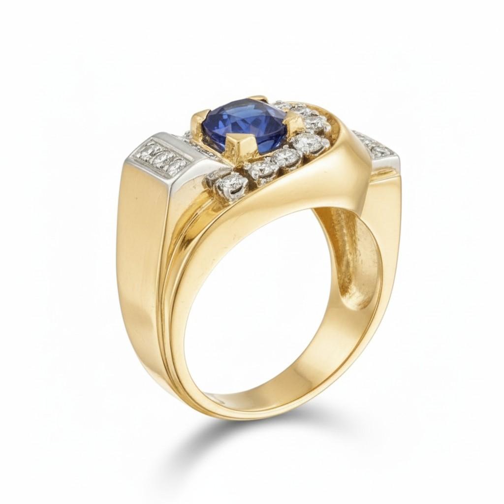 18K Yellow Gold & Platinum French 1950s Sapphire Diamond Ring - 17.70GRAM -D0