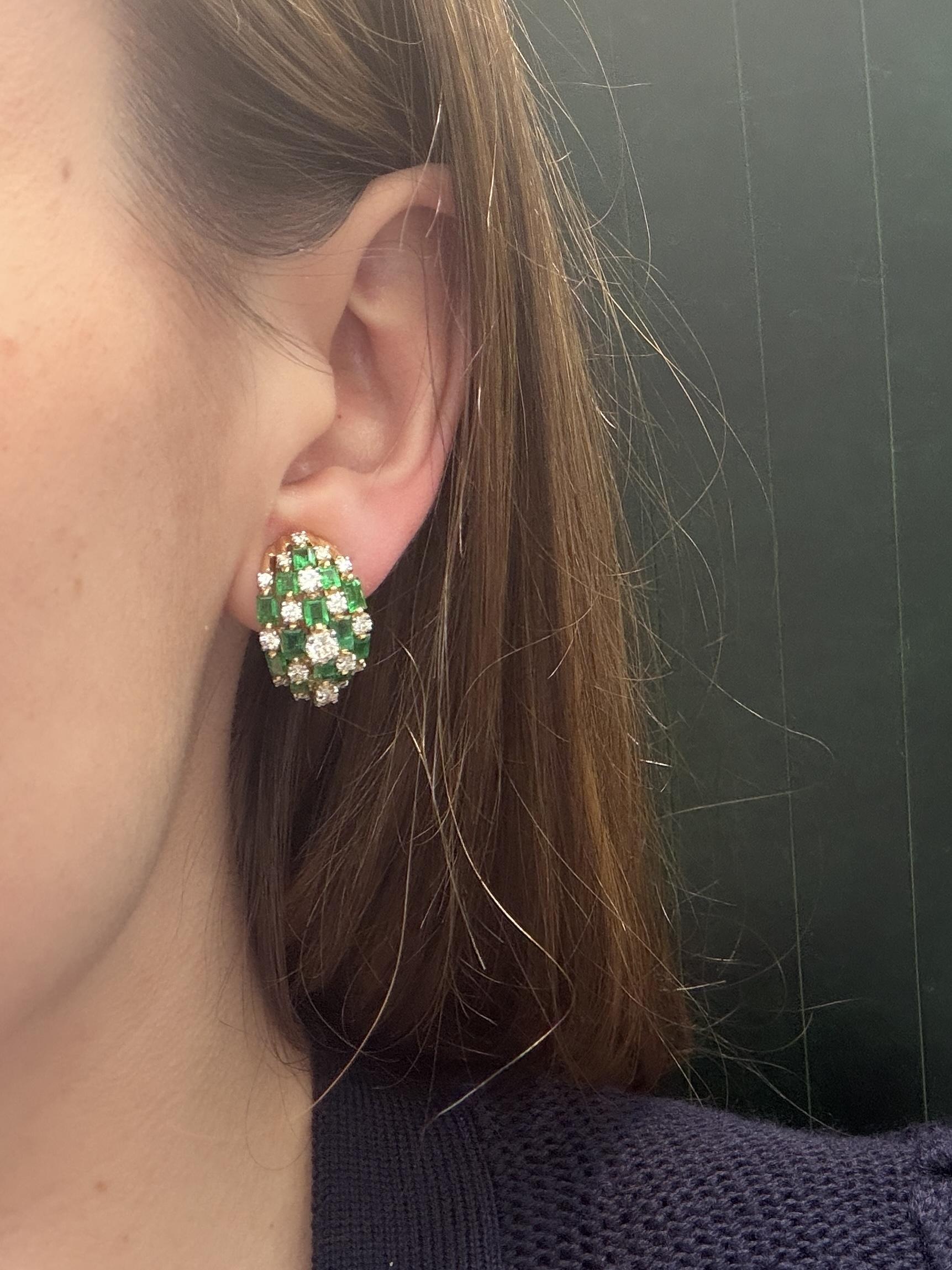 Oscar Heyman 18k Yellow Gold Calibré-Cut Emerald and Diamond Earrings,Circa 1970