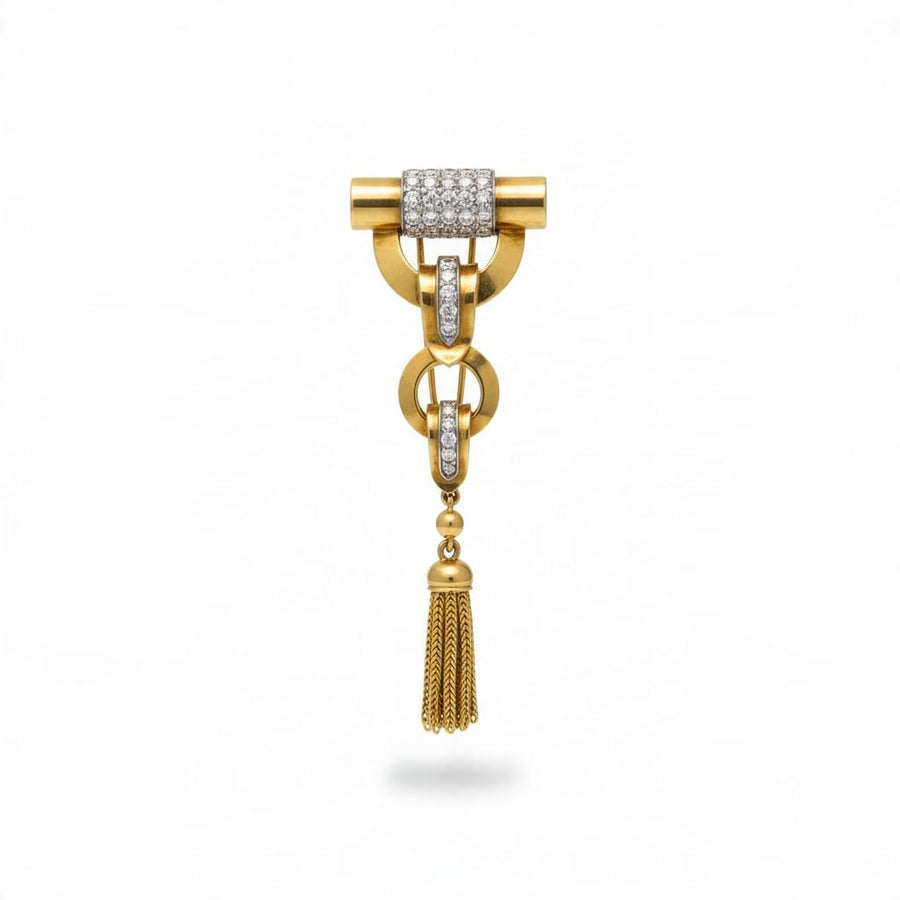 French Retro Gold, Platinum and Diamond Tassel Brooch