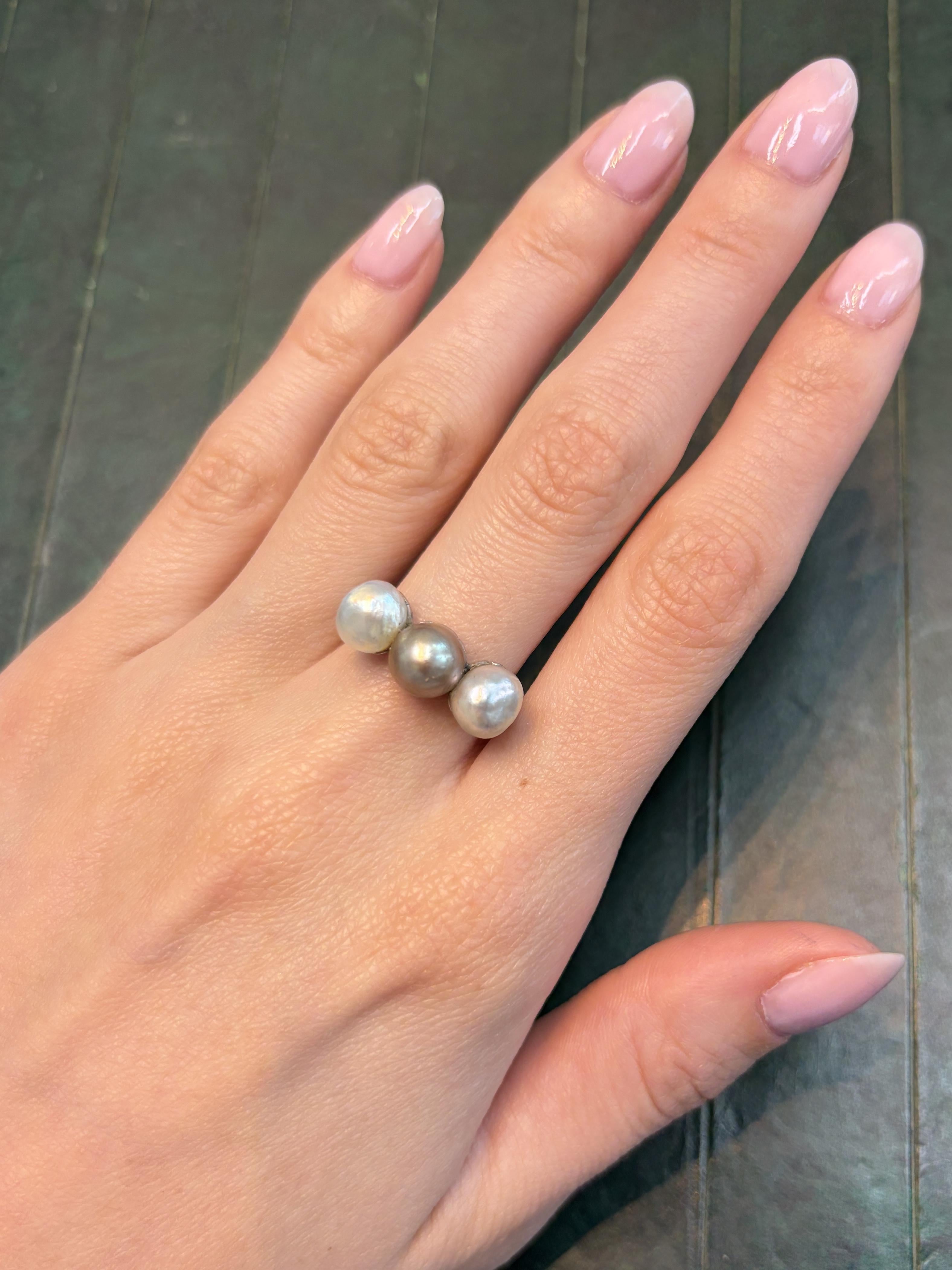 1930 Platinum Ring with Three Natural White Pearls