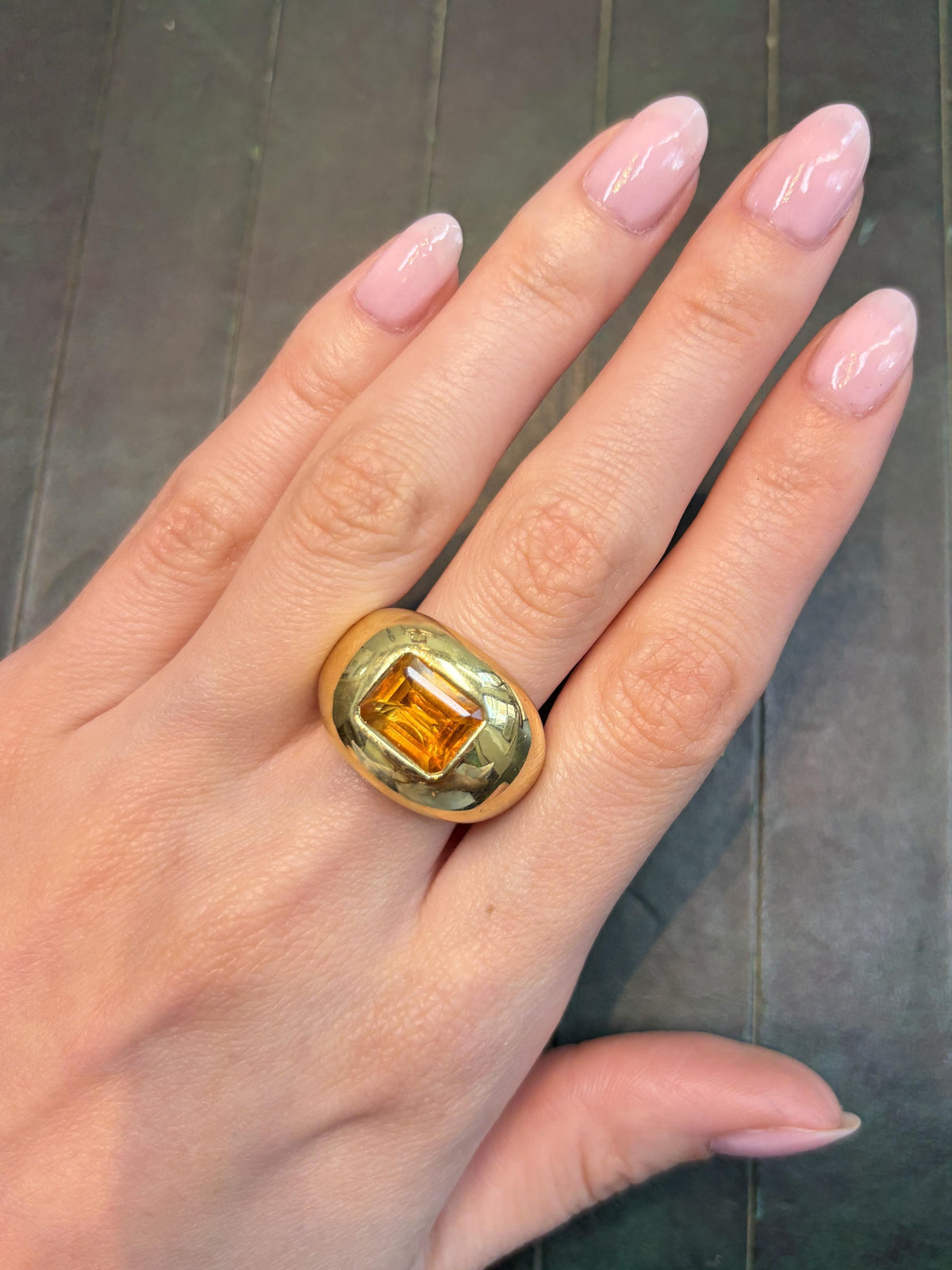 1980s Ostag Studio Bombé Citrine and Diamond Gold Ring