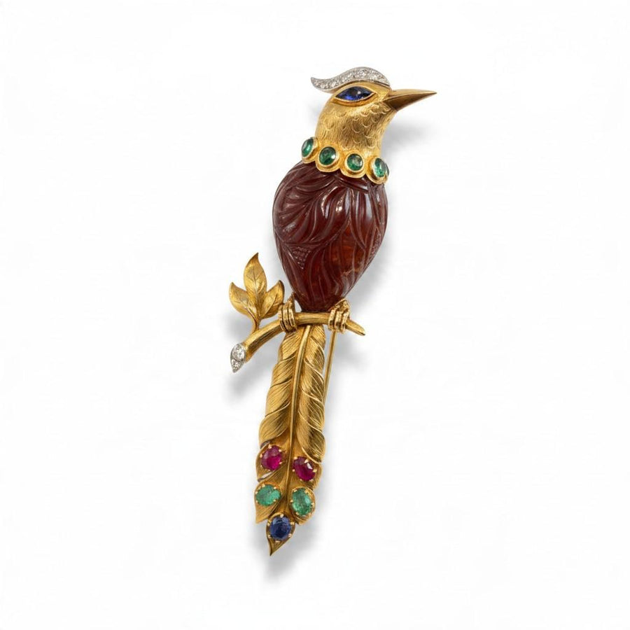 Mauboussin Carved Ruby, Emerald and Diamond Bird Brooch in 18K Yellow Gold, 1950