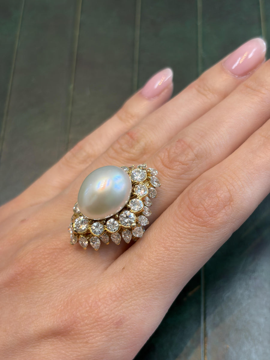 David Webb Pearl and Diamond Cocktail Ring in 18K Yellow Gold, 1970s, second view