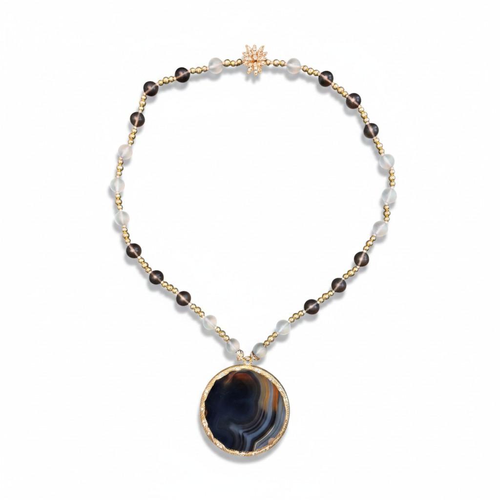 French Agate, Quartz, Diamond and Gold Demi-Parure