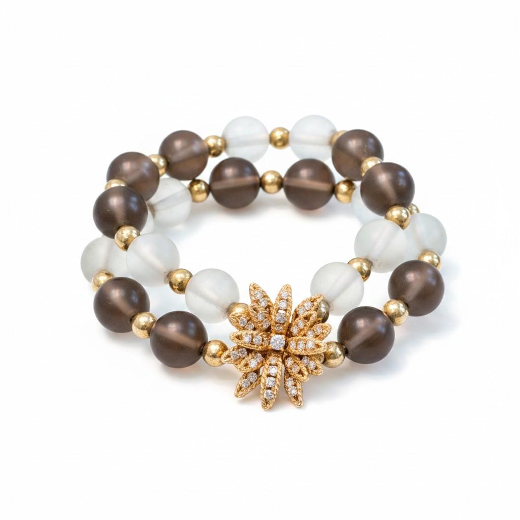 French Agate, Quartz, Diamond and Gold Demi-Parure