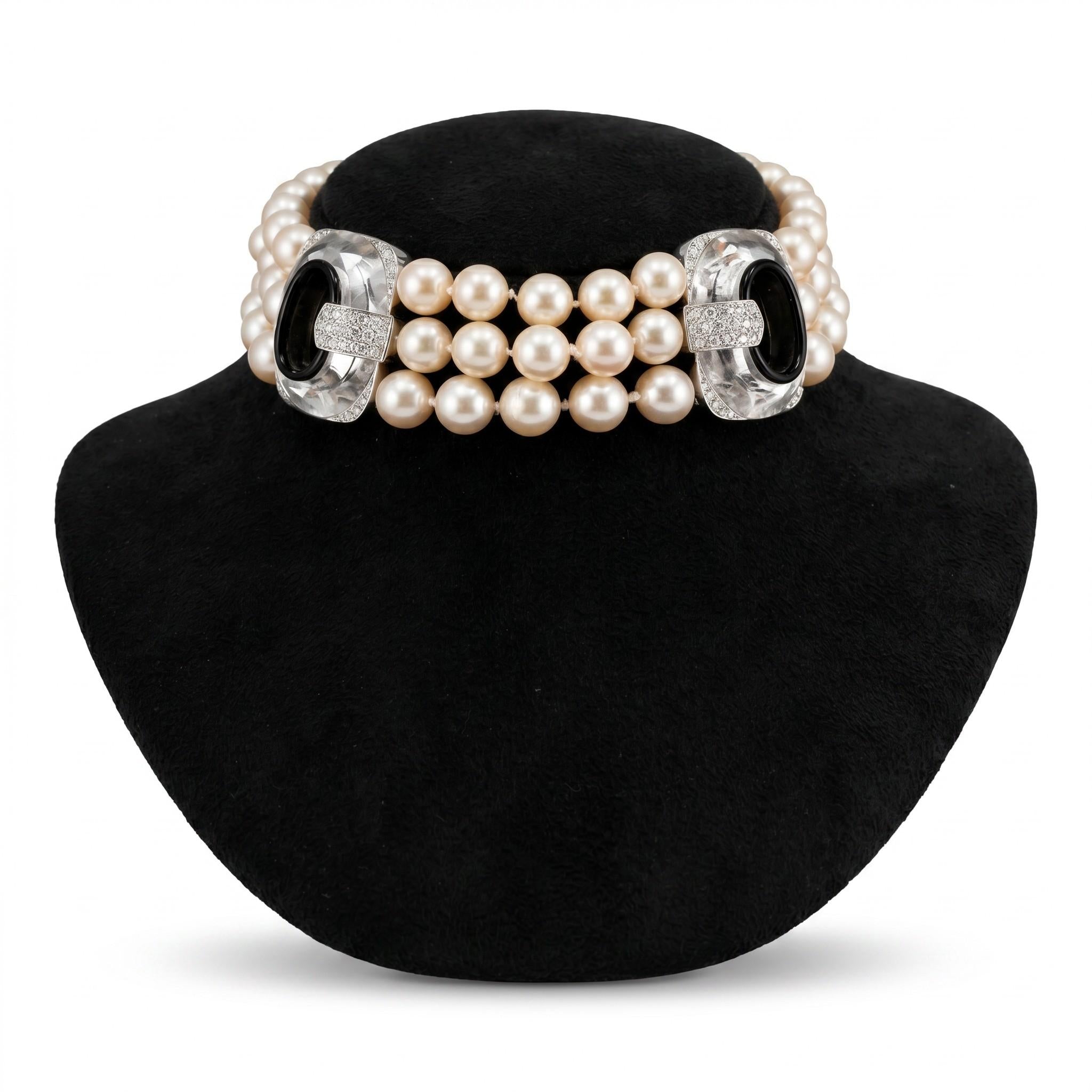 David Webb Pearl, Diamond, Onyx & Rock Crystal Necklace