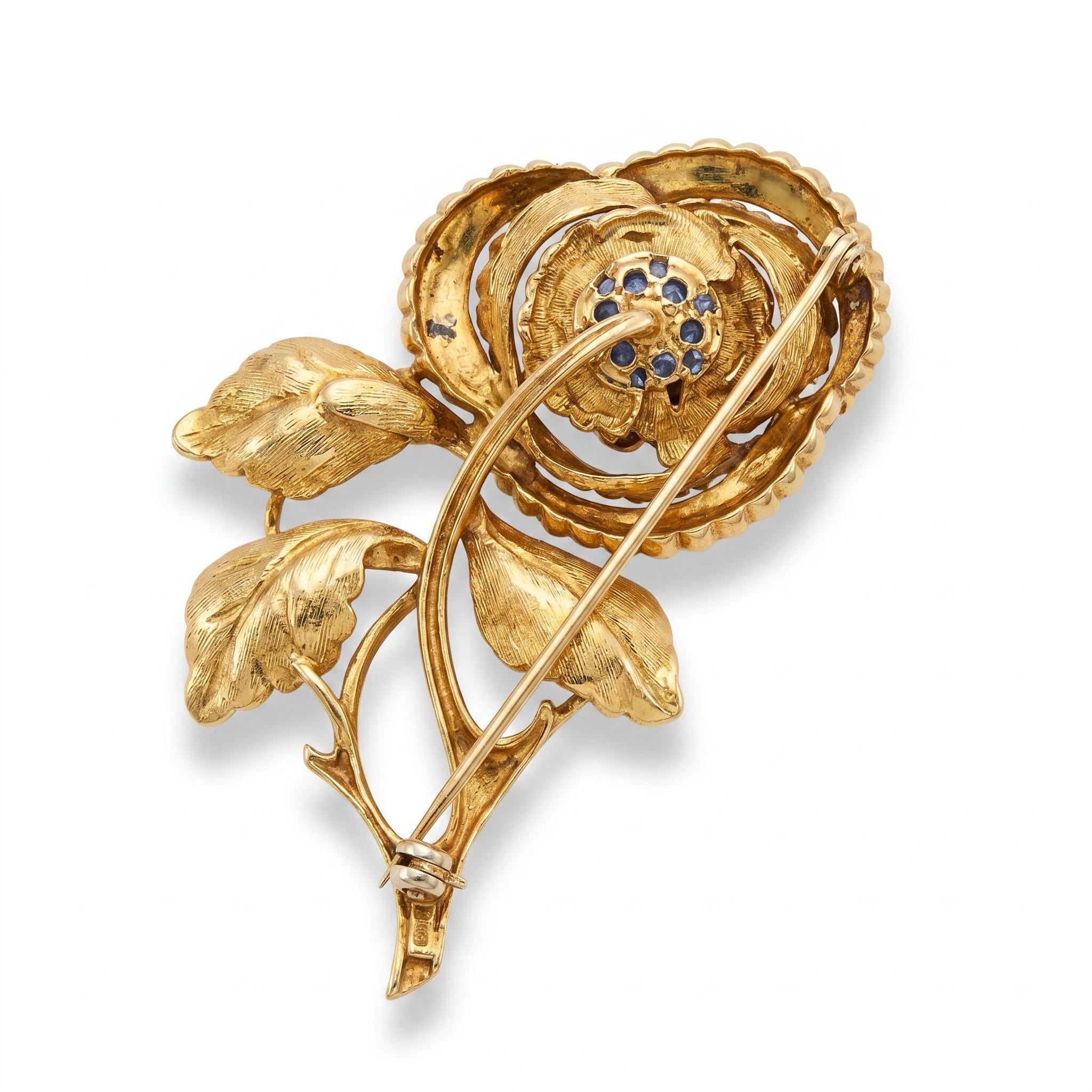 18k Gold French Flower Sapphire Brooch