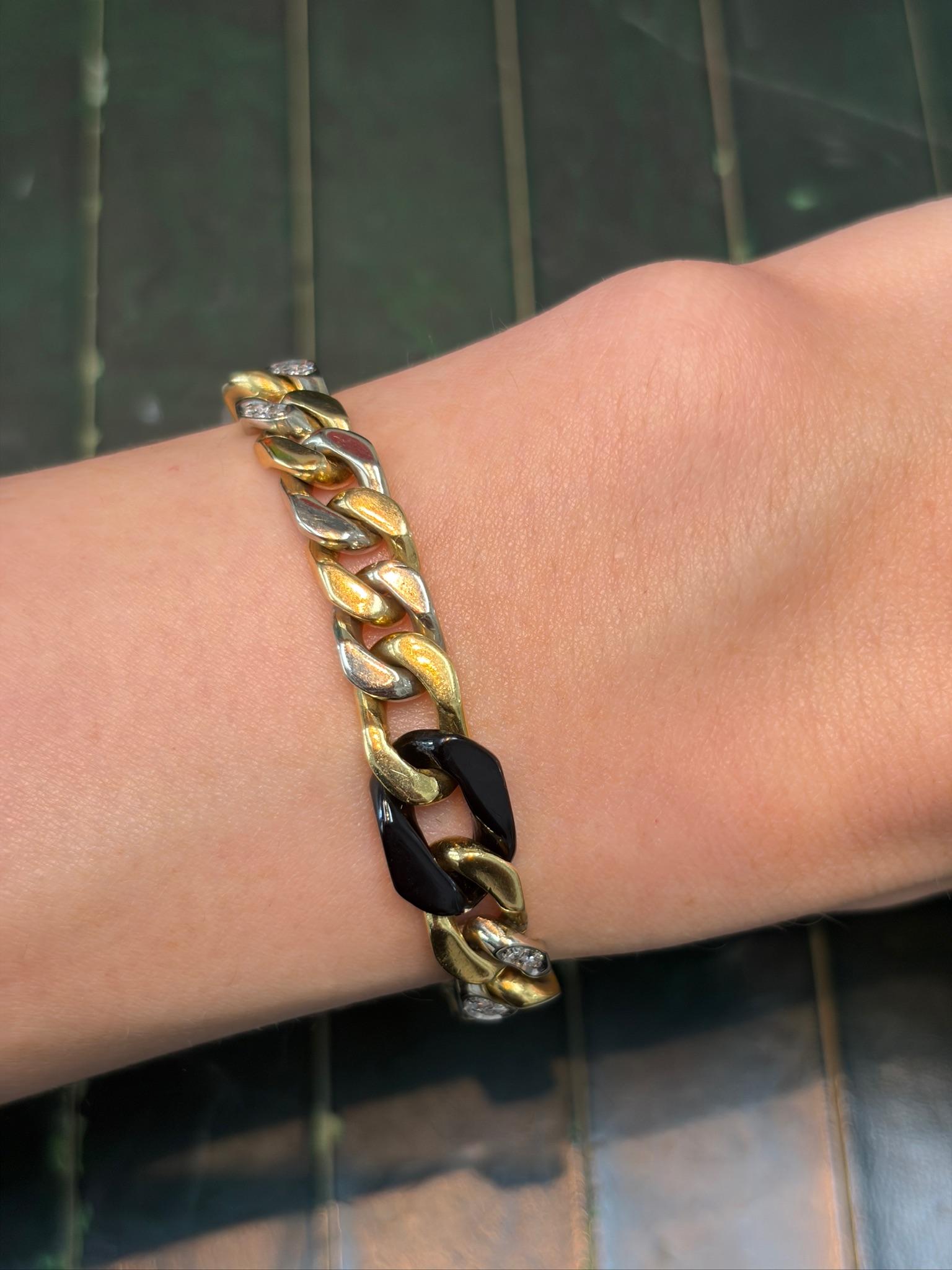 Bulgari Curb Link Bracelet in Gold with Diamond Onyx and Rock Crystal