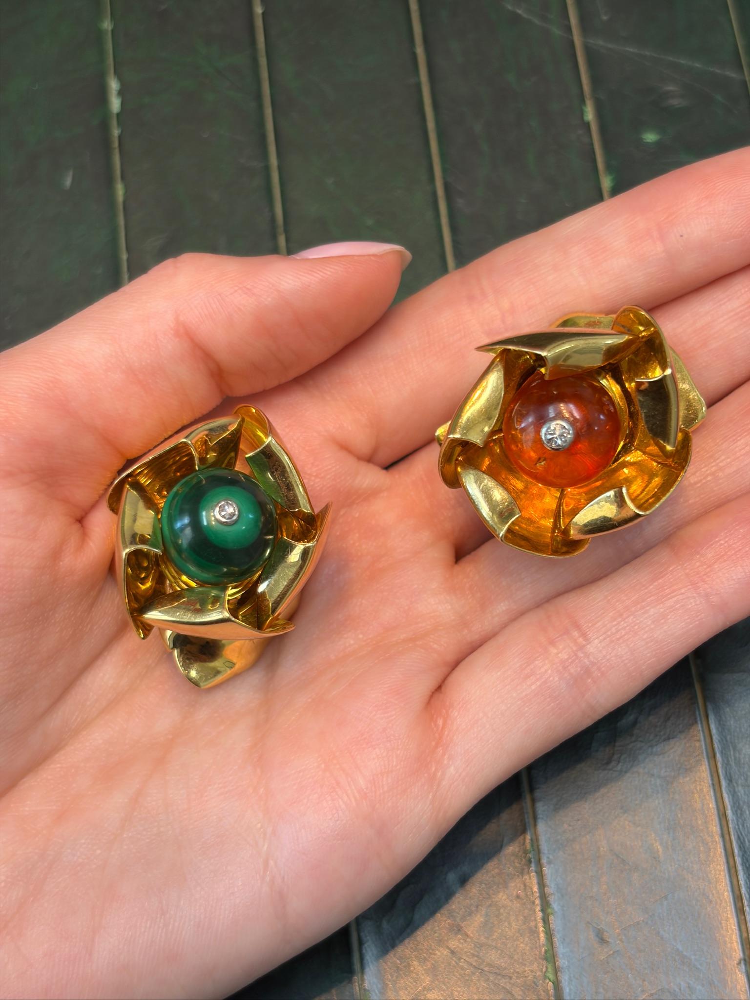 1950s Cartier Malachite and Citrine Flower Brooches