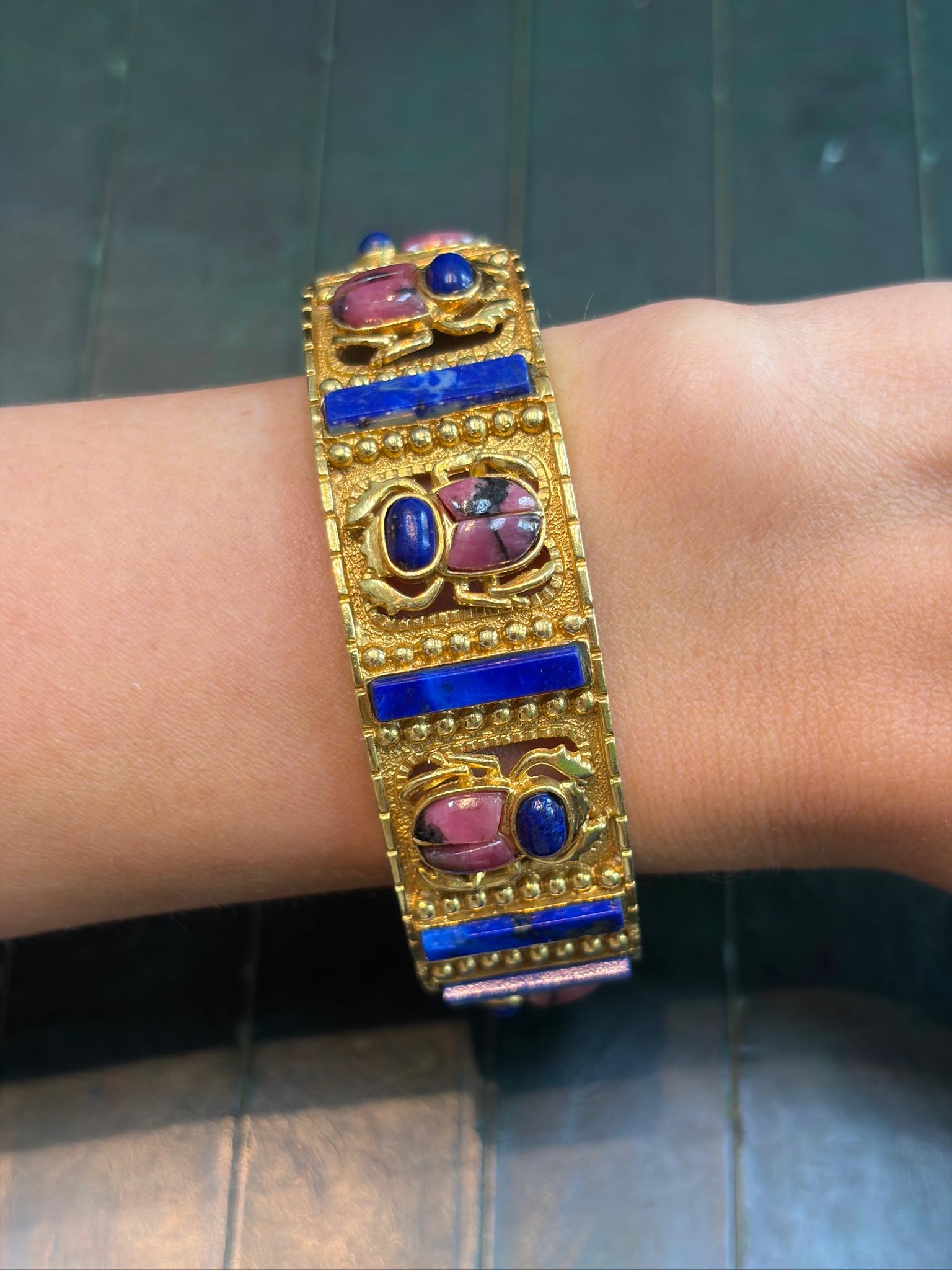 18K Yellow Gold Spanish Scarabs Bangle In Rhodonite and Lapis-Lazuli