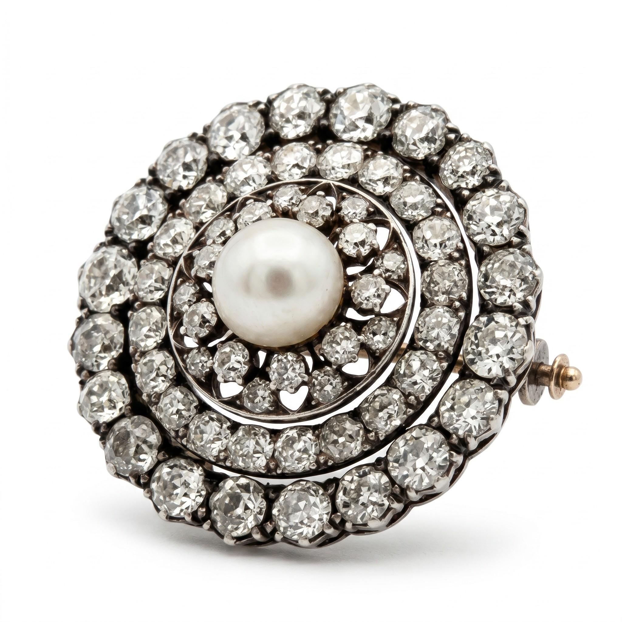 Victorian Natural Pearl and Old Mine Cut Diamond Brooch