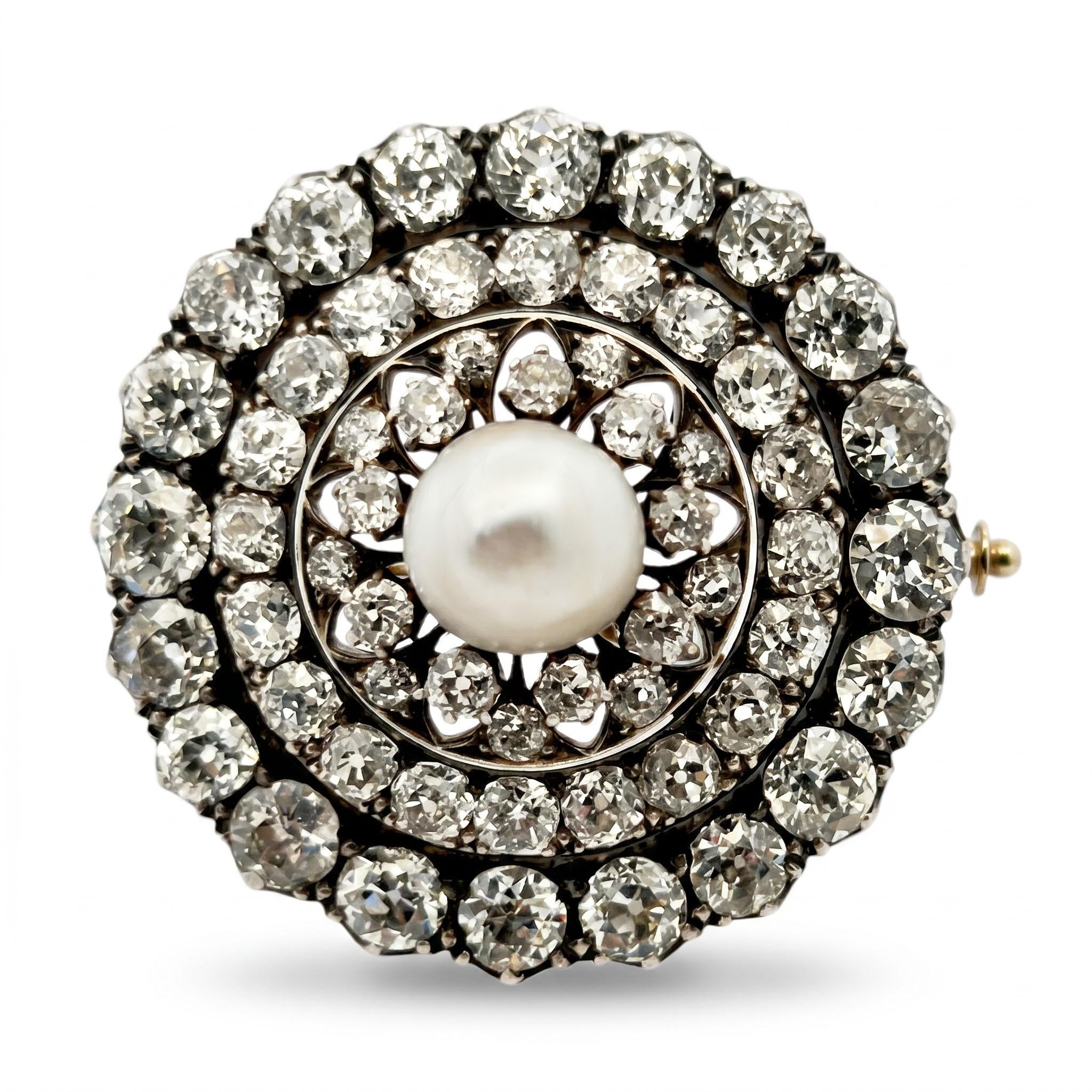 Victorian Natural Pearl and Old Mine Cut Diamond Brooch