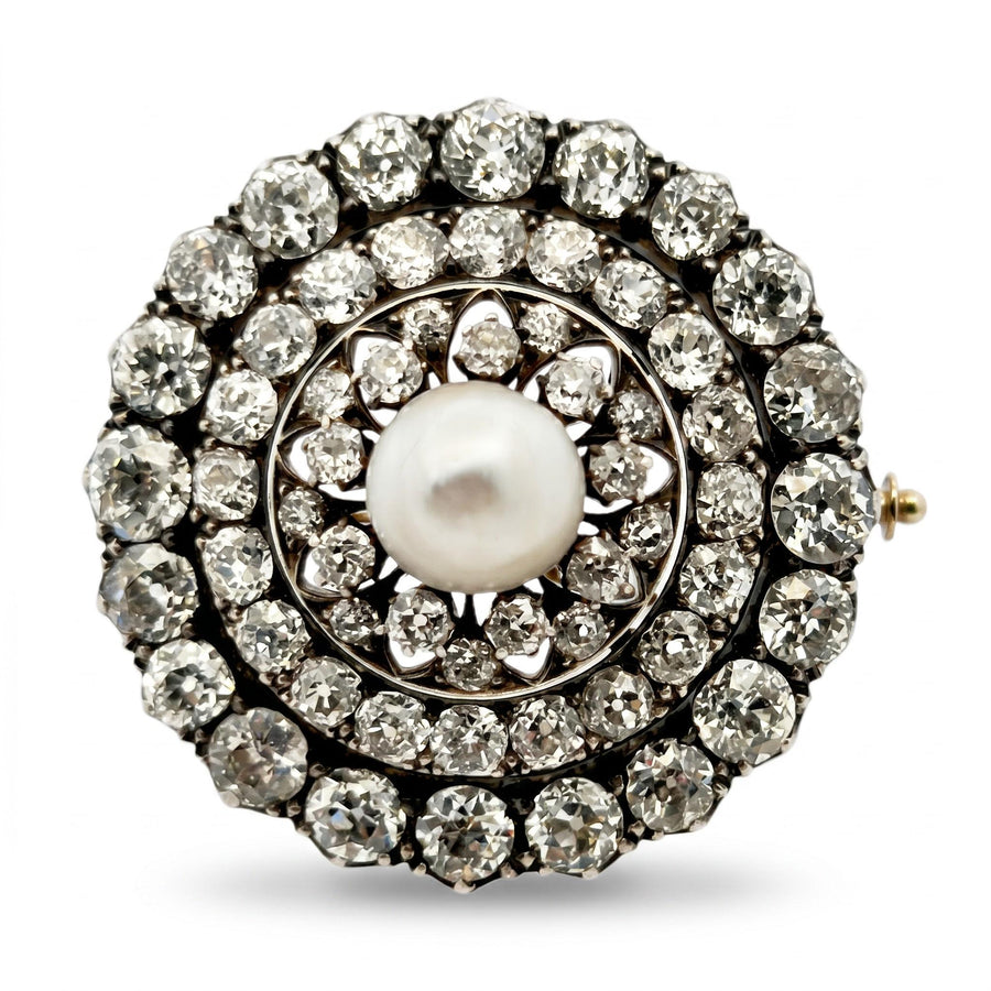 Victorian Natural Pearl and Old Mine Cut Diamond Brooch in Silver-Topped Gold