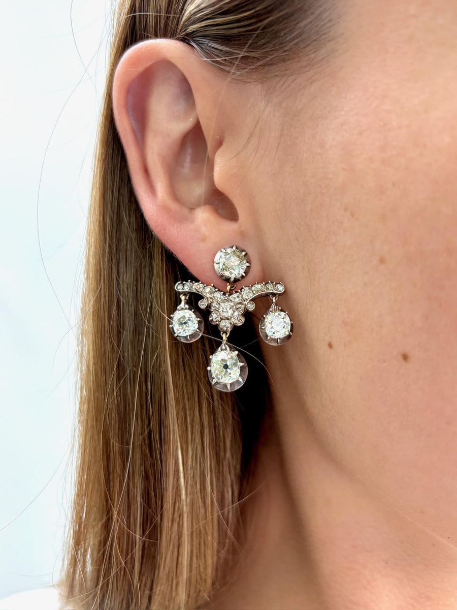Victorian Old Mine Cut Diamond Silver Topped Gold Chandelier Earrings, second view