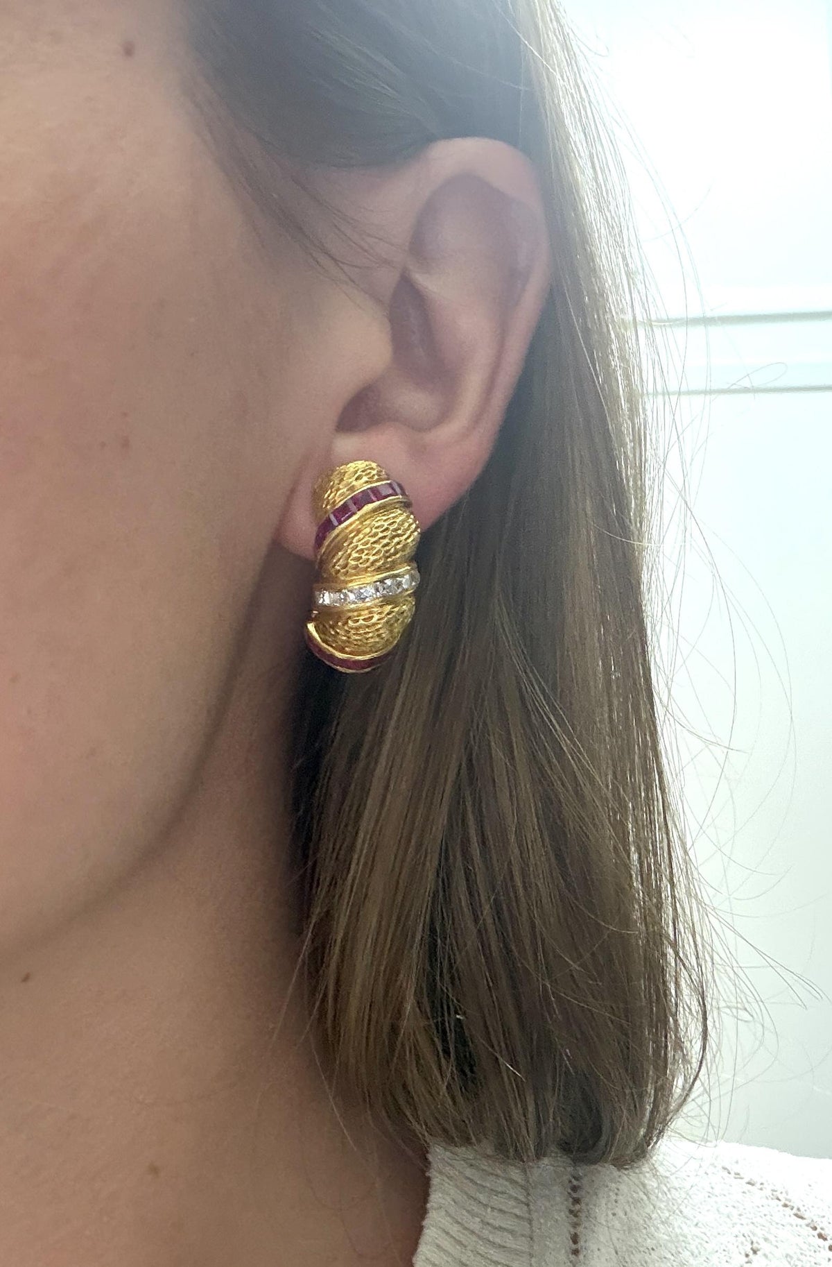 18K Gold French Cut Diamond Ruby Textured Earrings