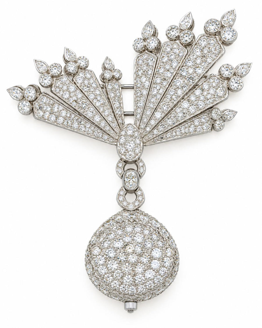 Van Cleef & Arpels Convertible Diamond Pin Watch Brooch in Platinum, 1990s