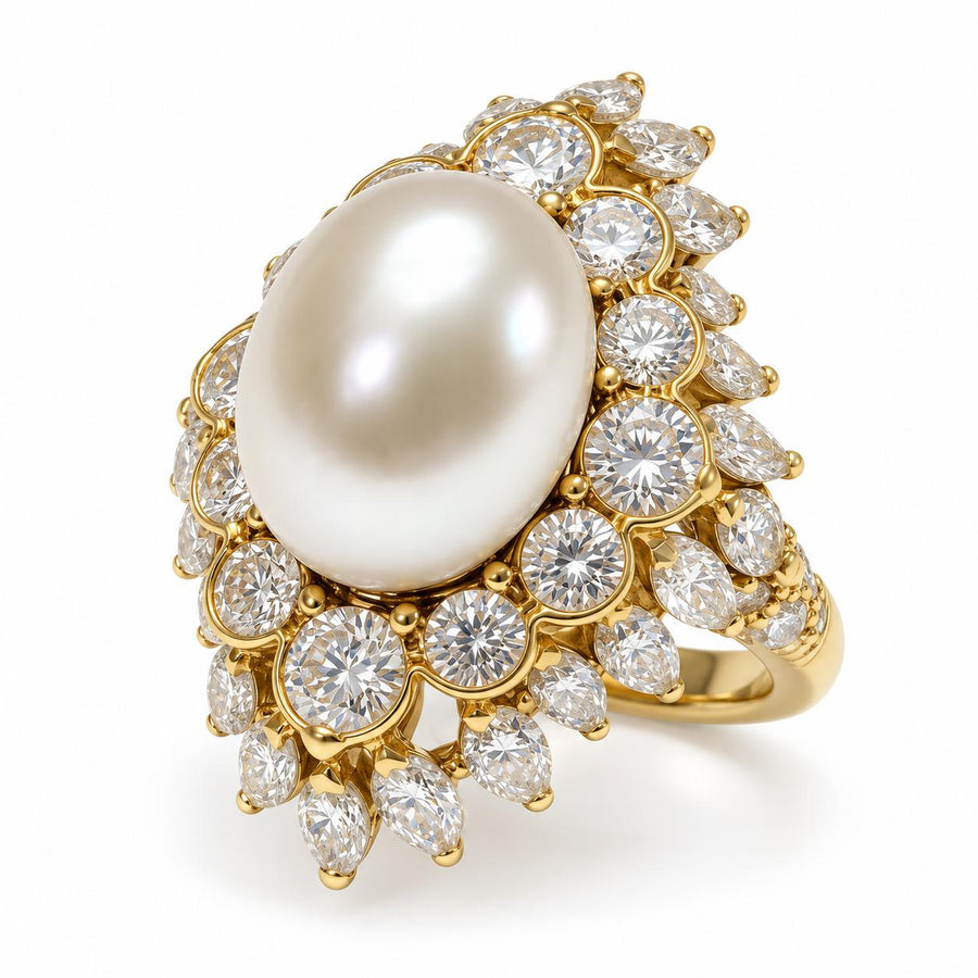 David Webb Pearl and Diamond Cocktail Ring in 18K Yellow Gold, 1970s