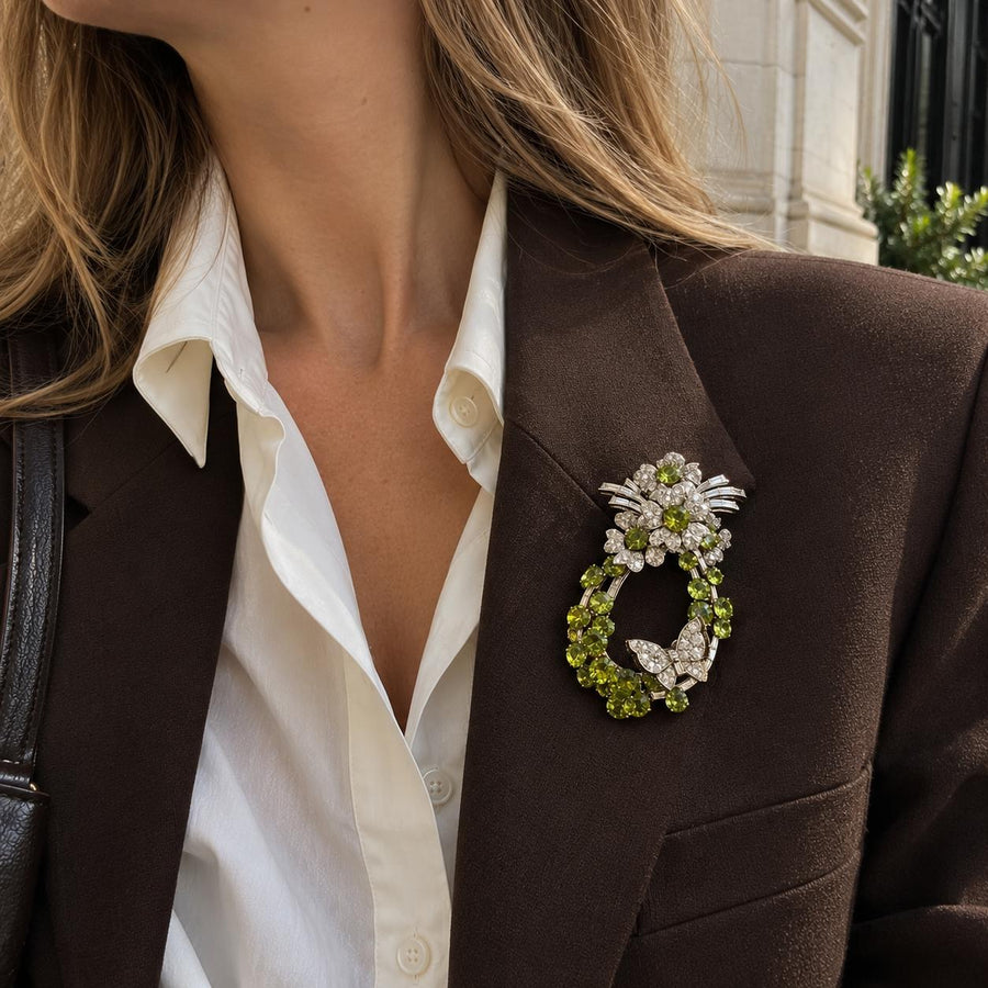 Marchak Peridot and Diamond Floral Brooch in Platinum, circa 1960, second view