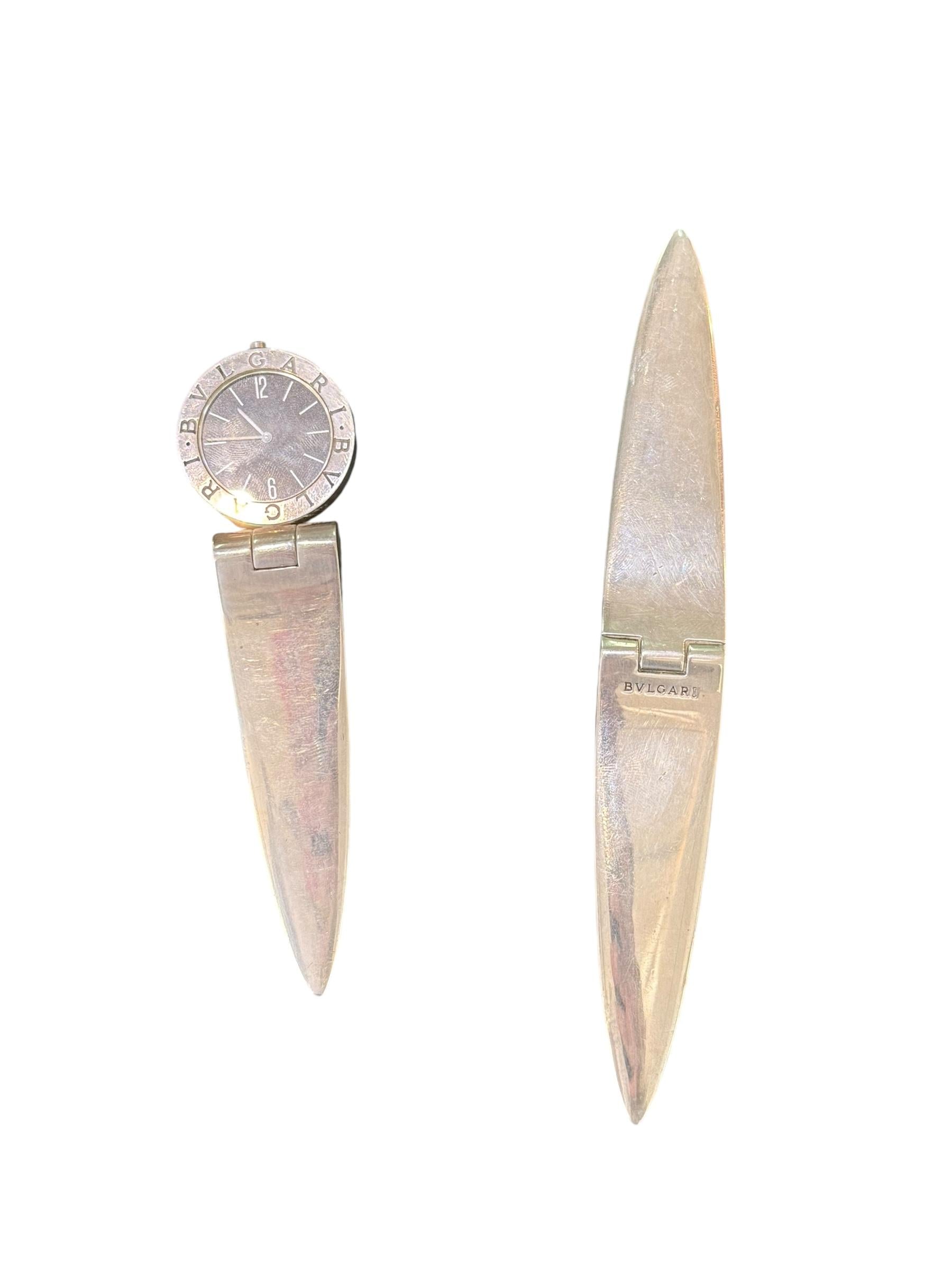 Silver Bulgari 1990s Silver Desk set Clock and Letter Opener