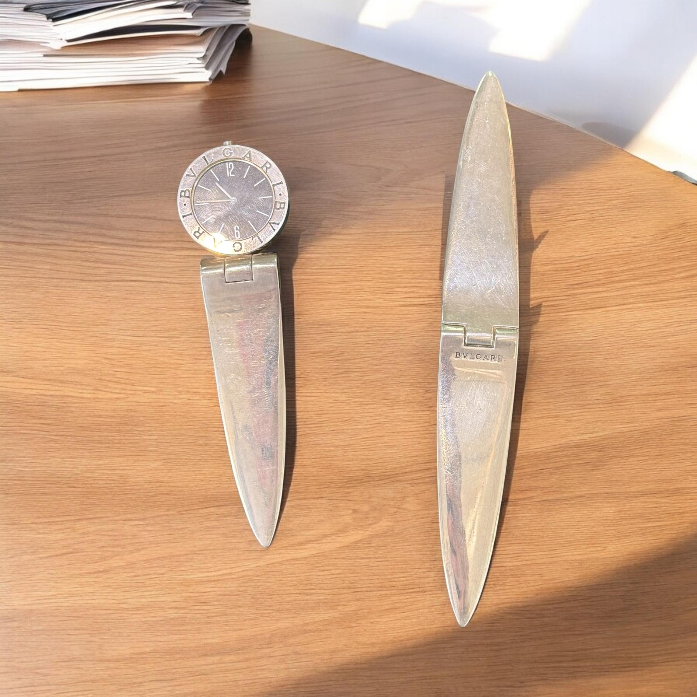 Silver Bulgari 1990s Silver Desk set Clock and Letter Opener
