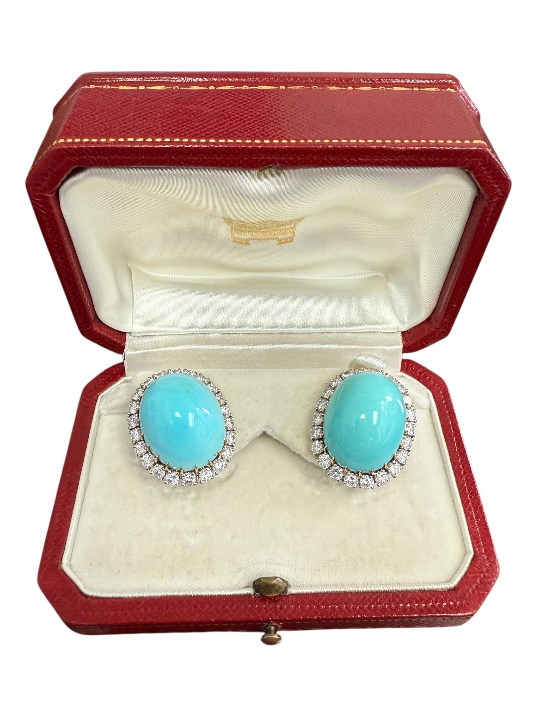 Cartier Paris 1950's Persian Turquoise, Diamond, Platinum & 18k Gold Earrings