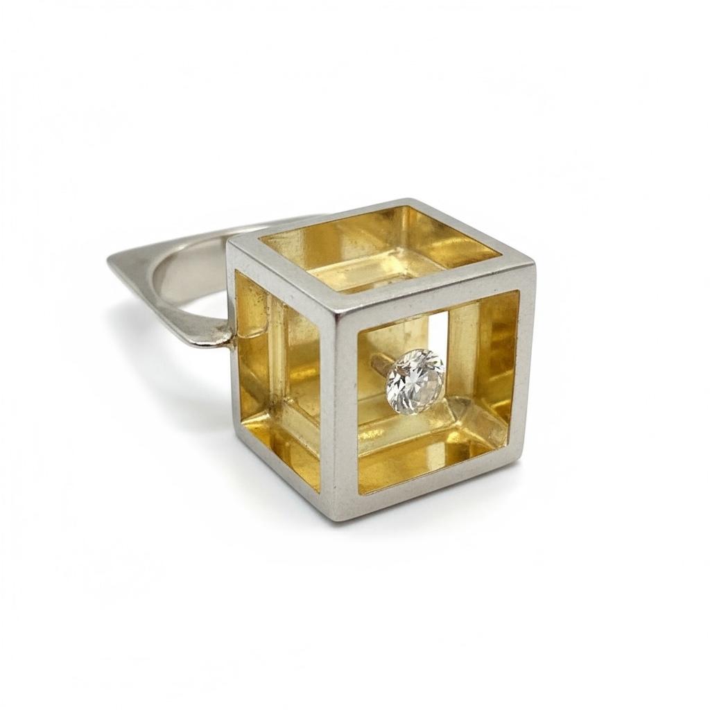 1970s 18k White Gold & Resin Diamond Cube Ring- France