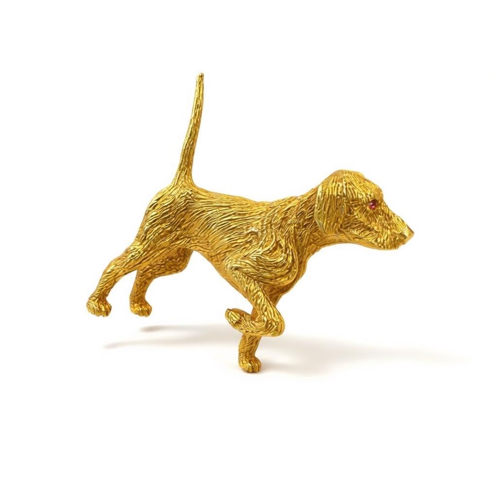 Cartier Gold Hunting Dog Brooch with Ruby Eyes, 1960s