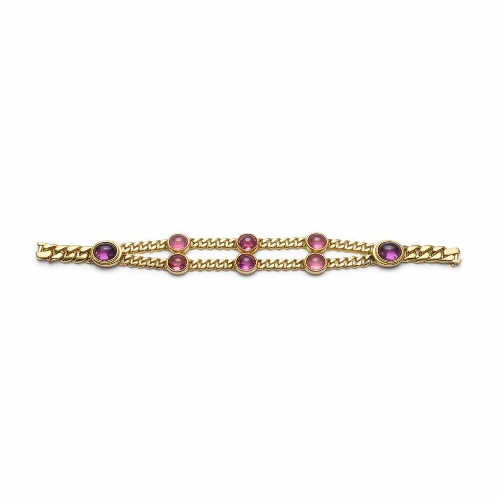 1970s Bulgari Cabochon Tourmaline and Amethyst Bracelet in 18k Gold
